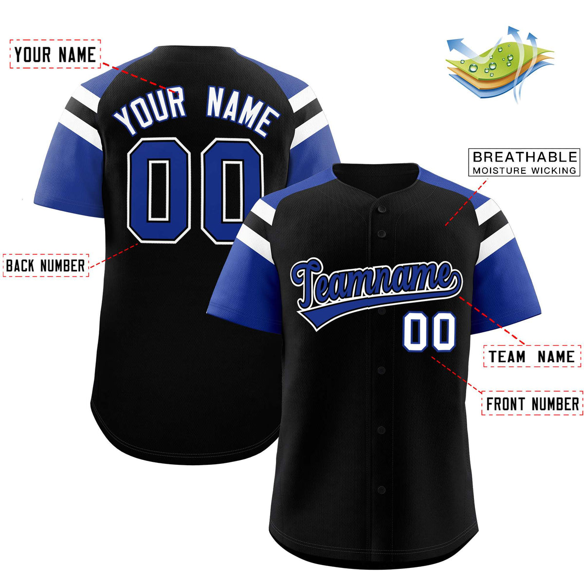 Custom Black Royal Contrast Raglan Sleeves Authentic Baseball Jersey