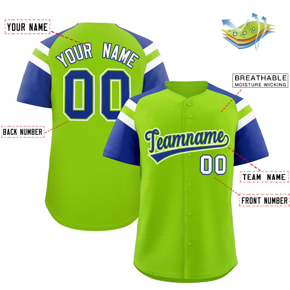 Custom Neon Green Royal Contrast Raglan Sleeves Authentic Baseball Jersey