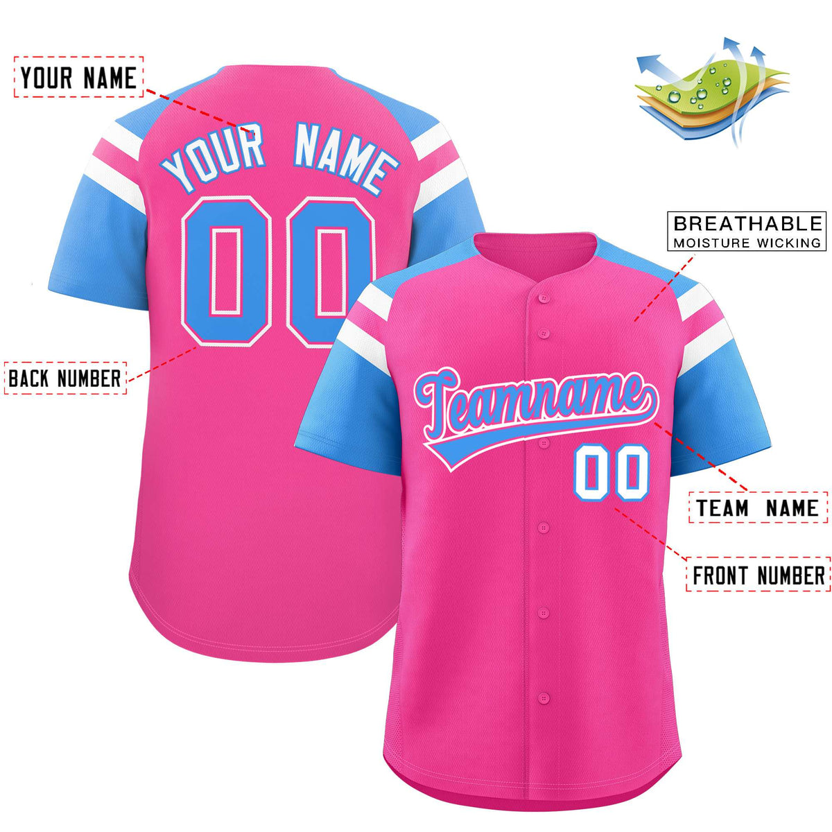 Custom Pink Powder Blue Contrast Raglan Sleeves Authentic Baseball Jersey