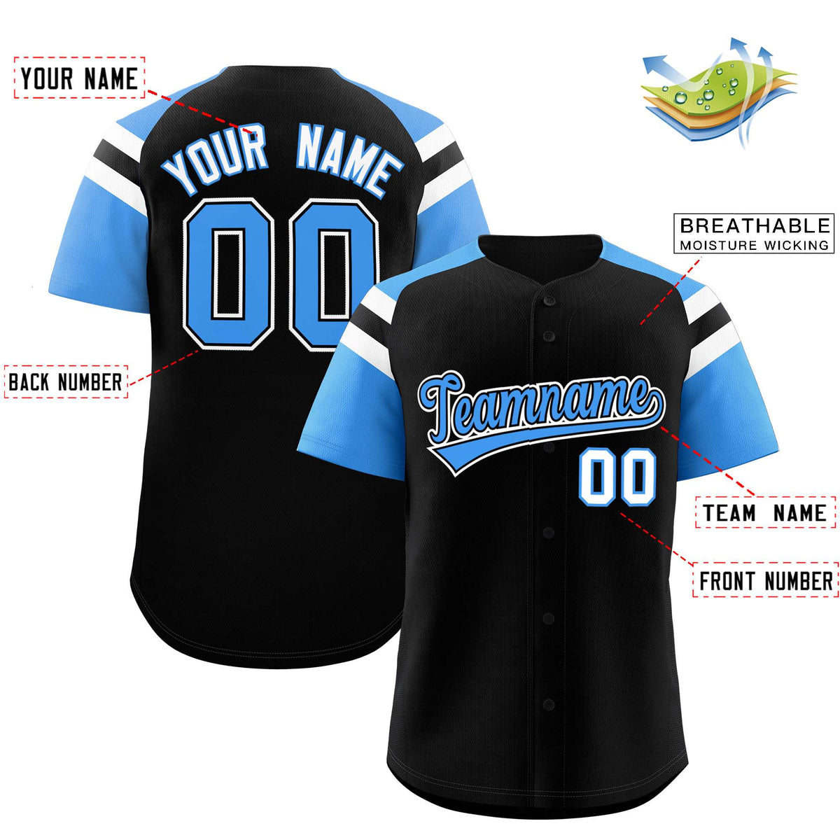 Custom Black Powder Blue Contrast Raglan Sleeves Authentic Baseball Jersey