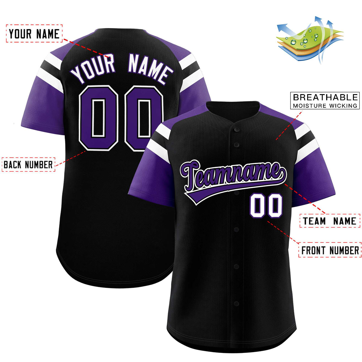 Custom Black Purple Contrast Raglan Sleeves Authentic Baseball Jersey
