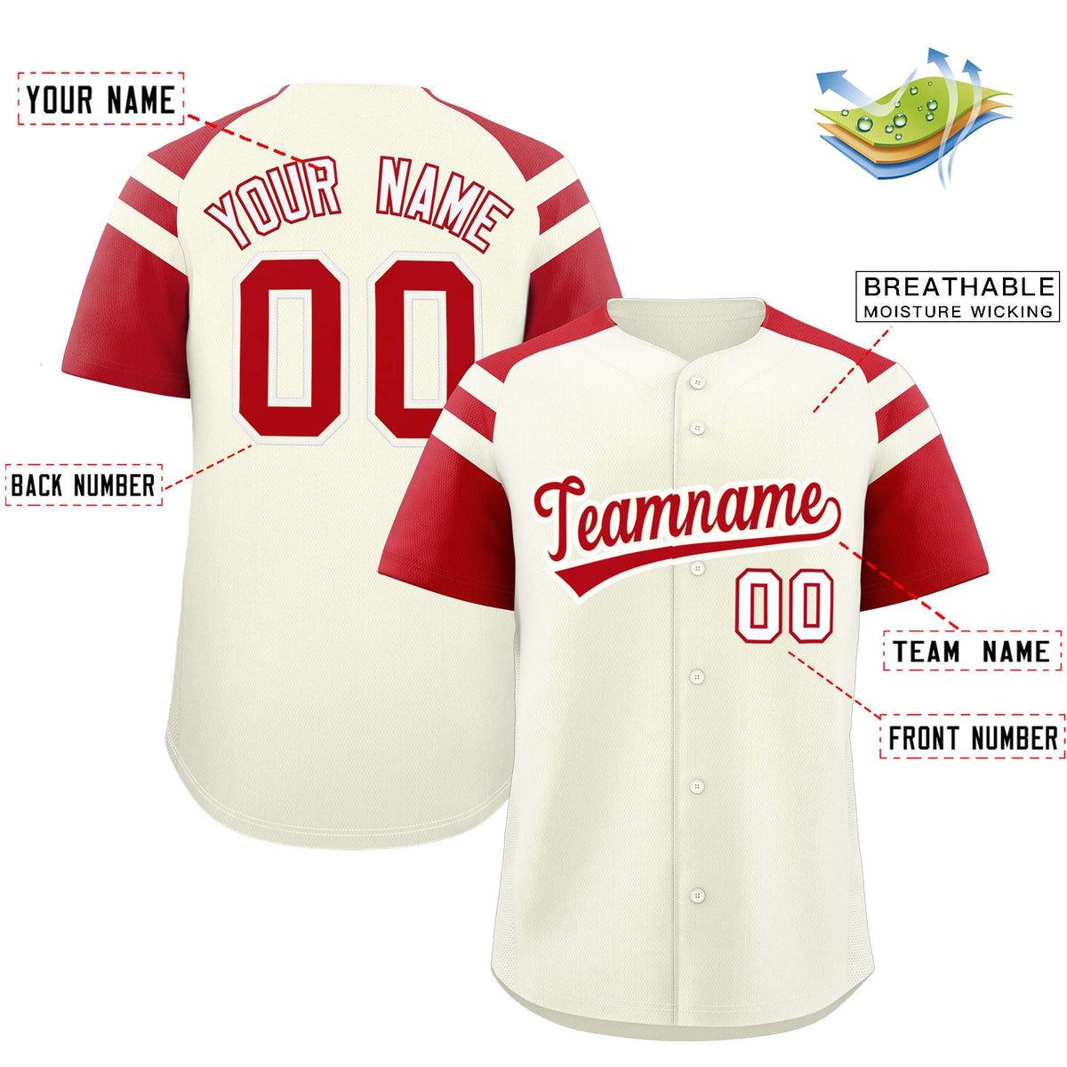Custom Cream Red Contrast Raglan Sleeves Authentic Baseball Jersey