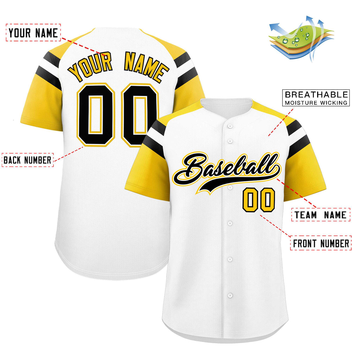 Custom White Gold Contrast Raglan Sleeves Authentic Baseball Jersey
