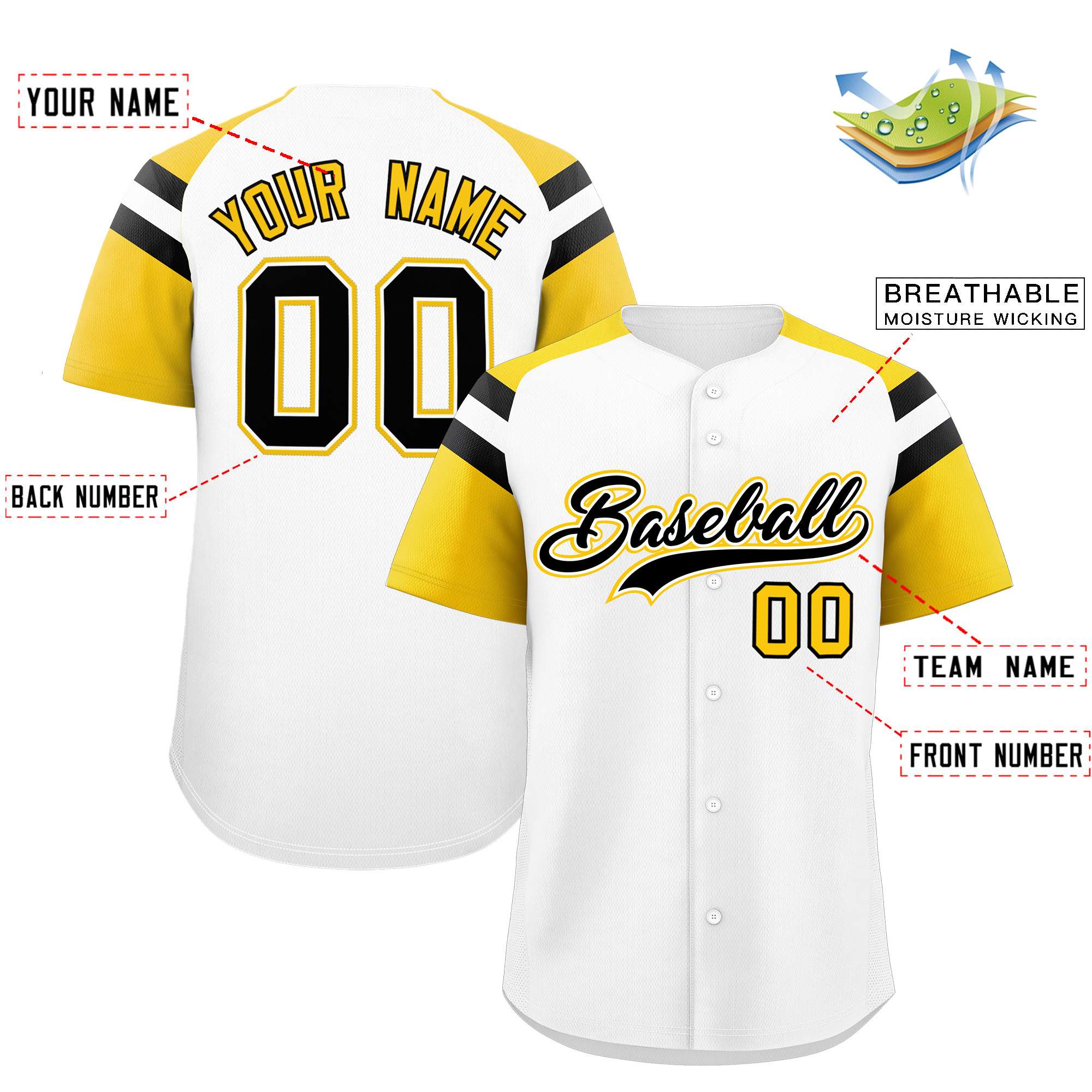 Custom White Gold Contrast Raglan Sleeves Authentic Baseball Jersey