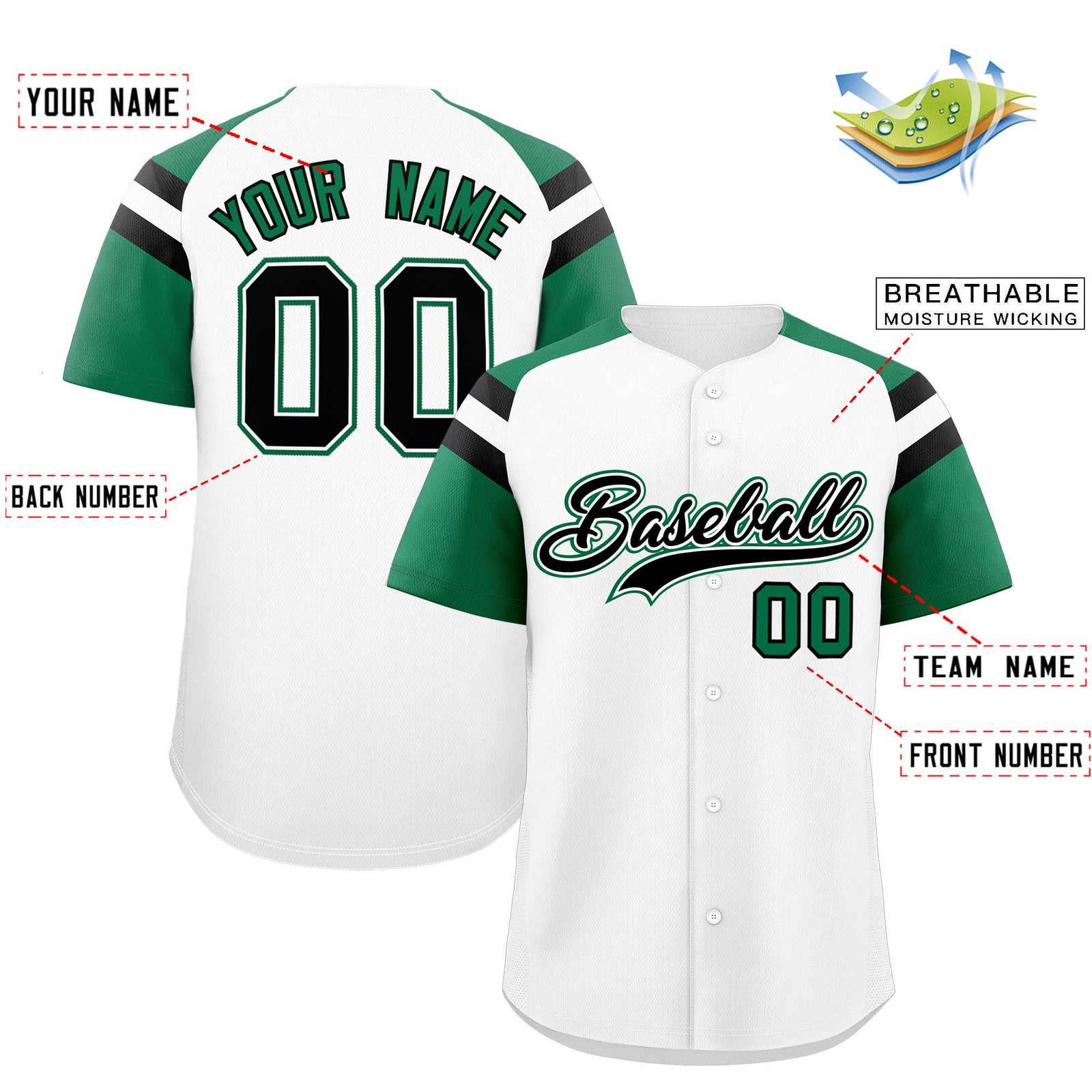 Custom White Kelly Green Contrast Raglan Sleeves Authentic Baseball Jersey