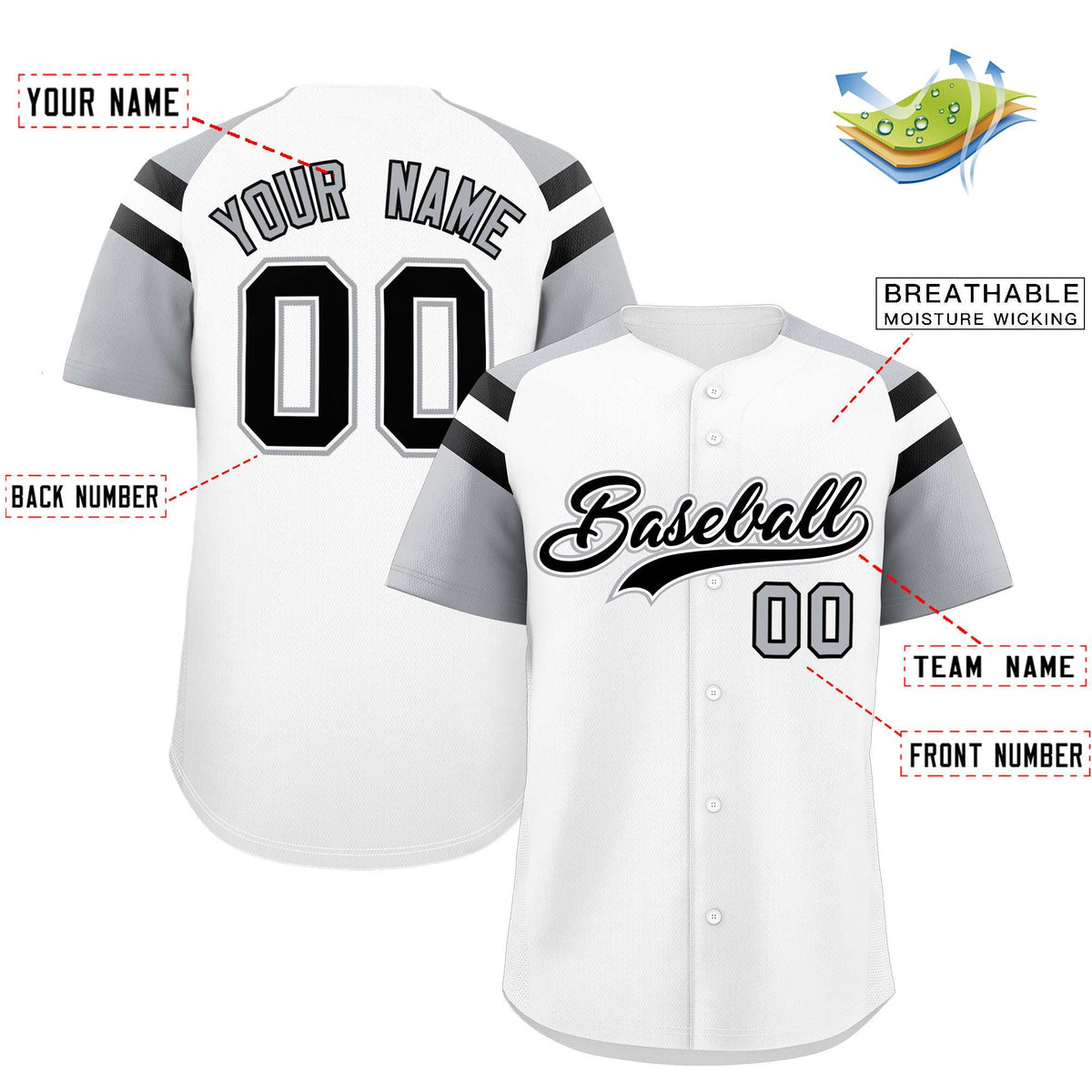 Custom White Silver Contrast Raglan Sleeves Authentic Baseball Jersey