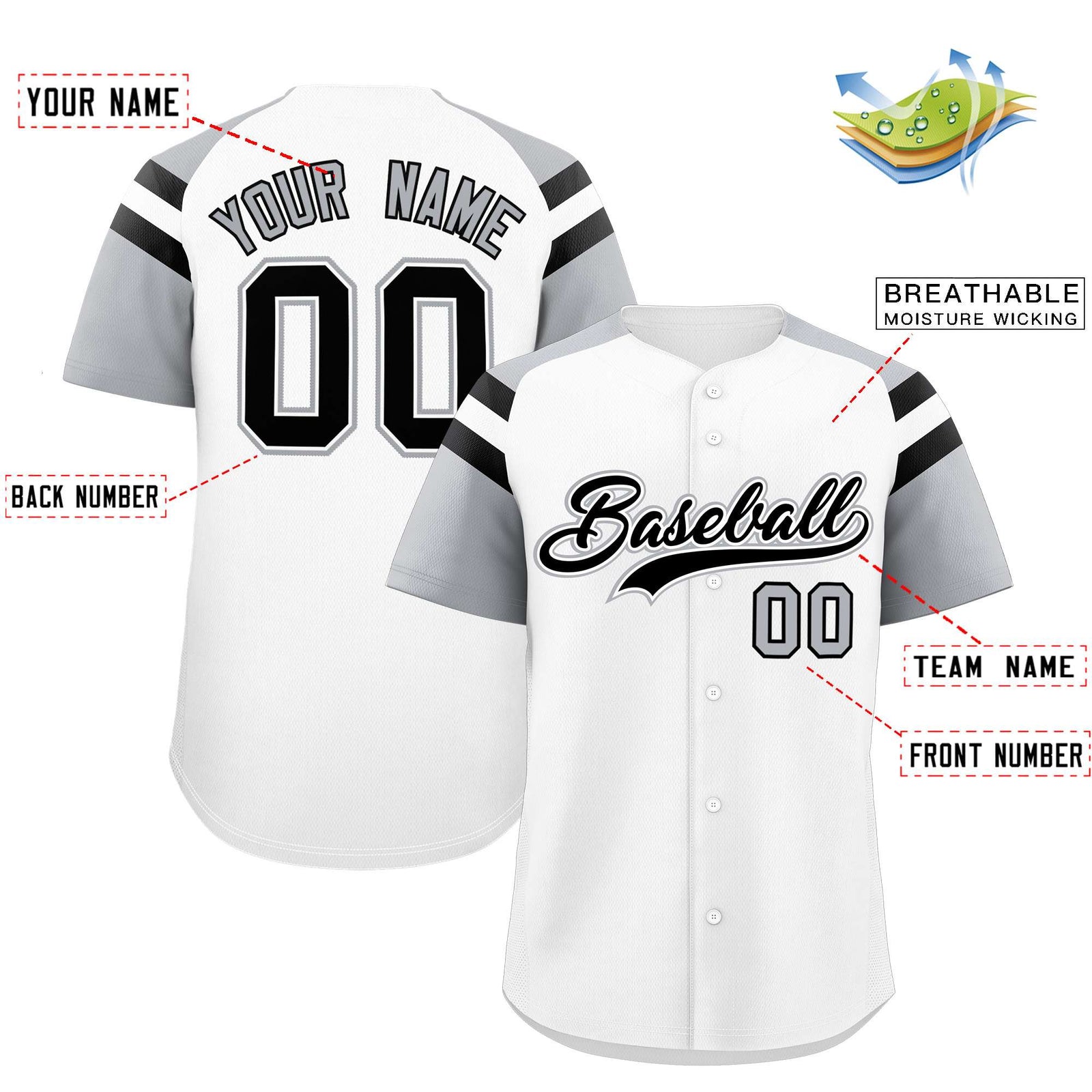 Custom White Silver Contrast Raglan Sleeves Authentic Baseball Jersey