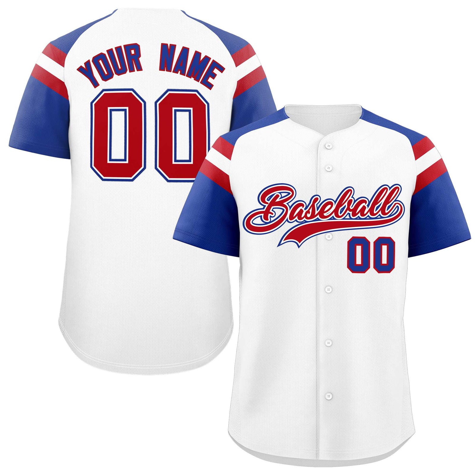 Custom White Royal Contrast Raglan Sleeves Authentic Baseball Jersey