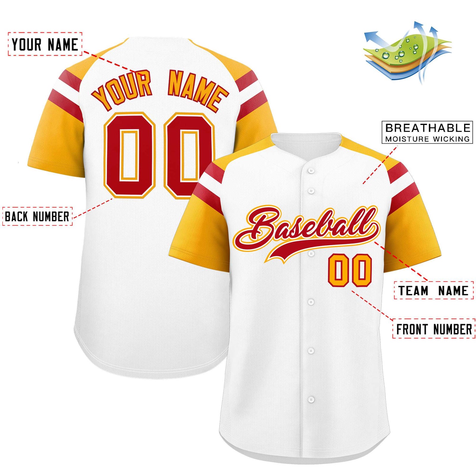 Custom White Yellow Contrast Raglan Sleeves Authentic Baseball Jersey