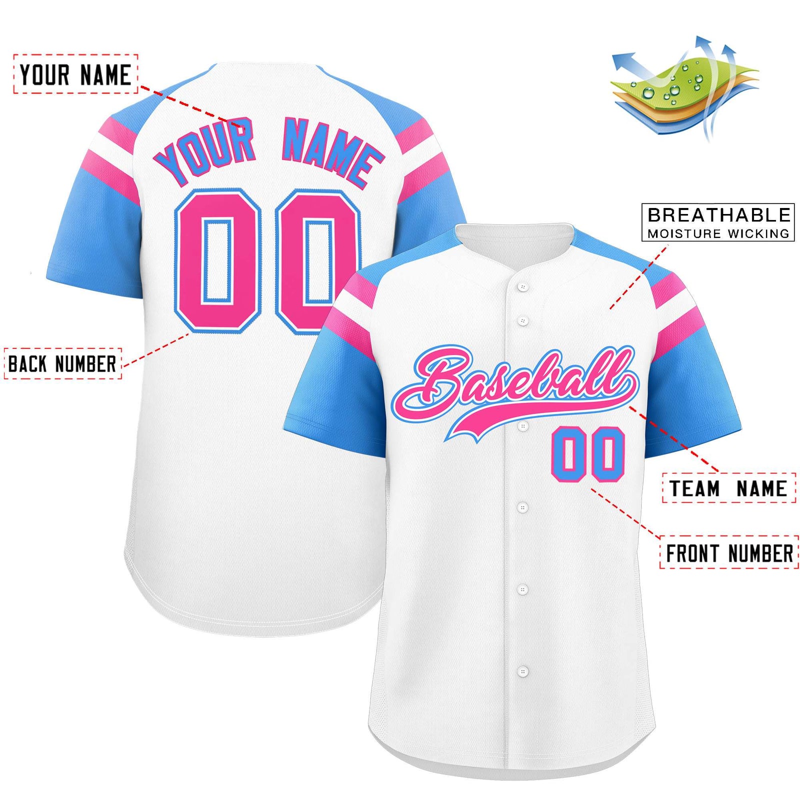Custom White Powder Blue Contrast Raglan Sleeves Authentic Baseball Jersey