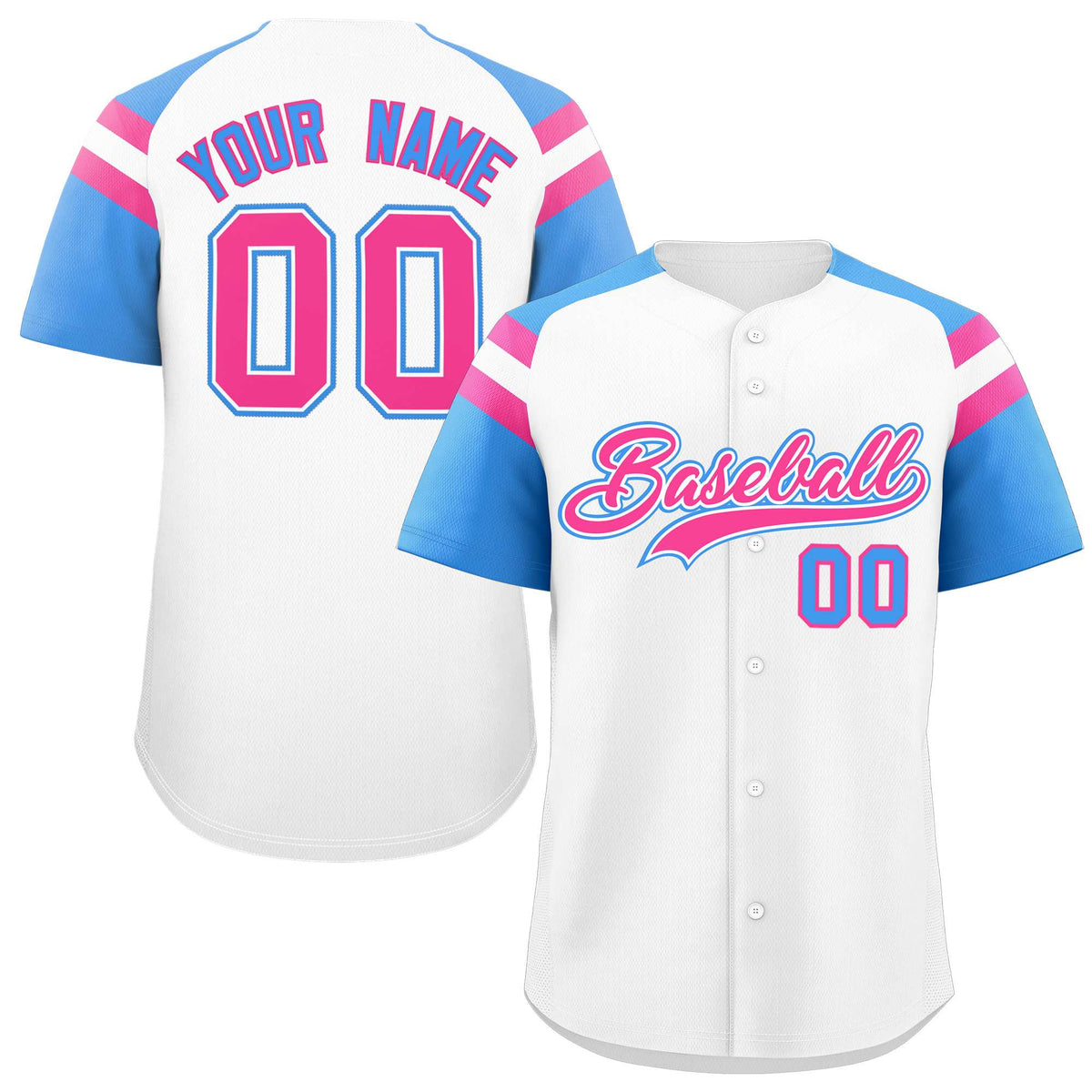 Custom White Powder Blue Contrast Raglan Sleeves Authentic Baseball Jersey