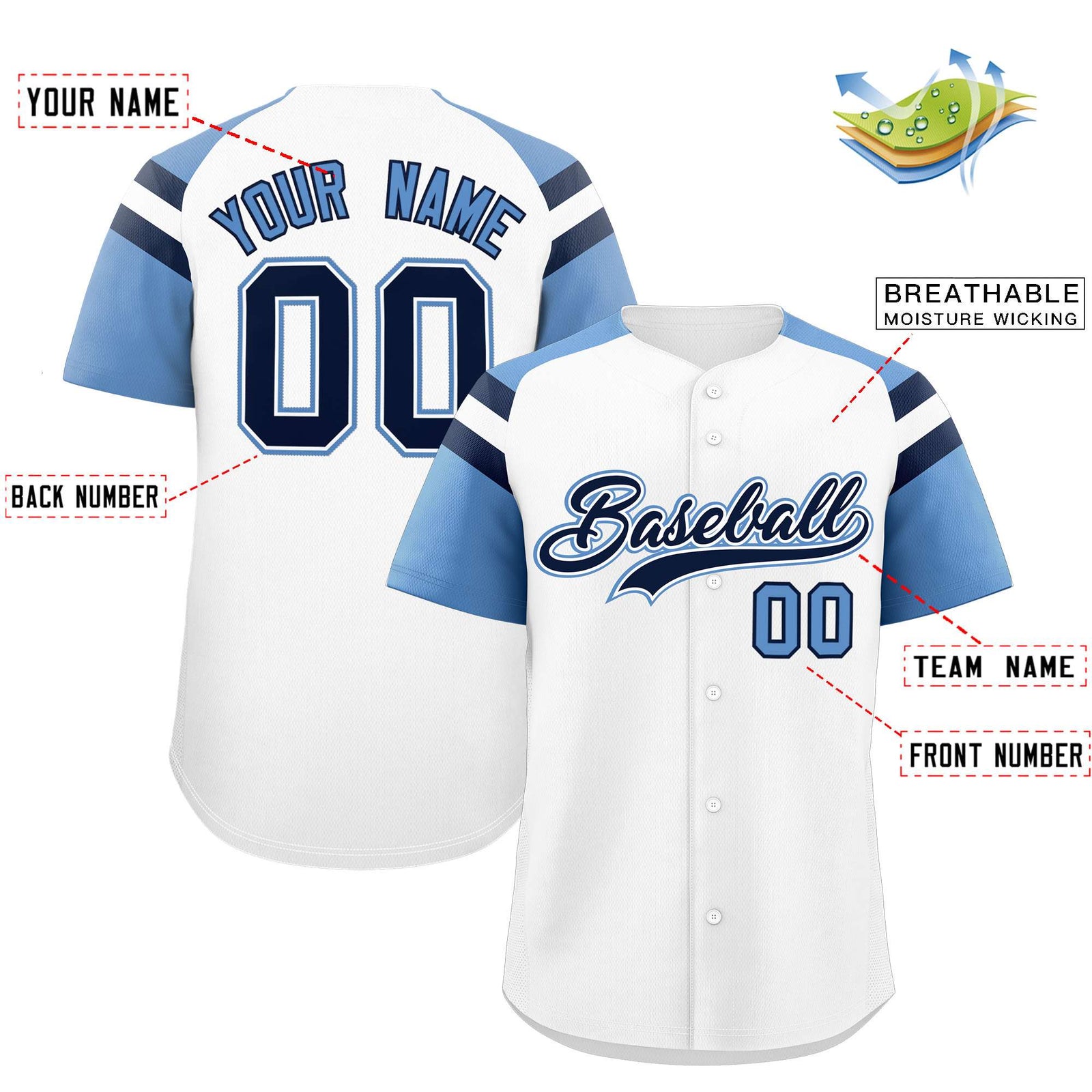 Custom White Light Blue Contrast Raglan Sleeves Authentic Baseball Jersey