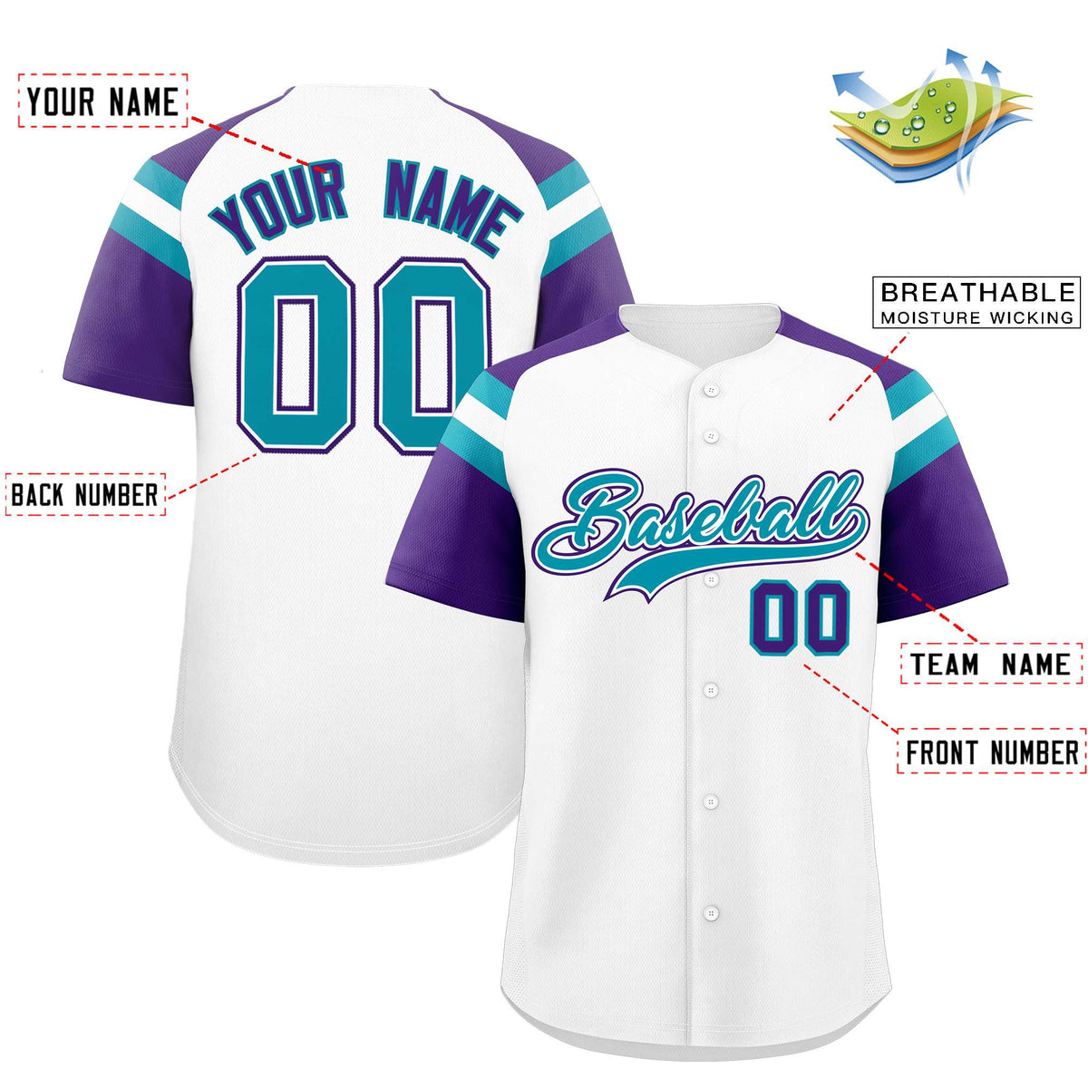 Custom White Purple Contrast Raglan Sleeves Authentic Baseball Jersey