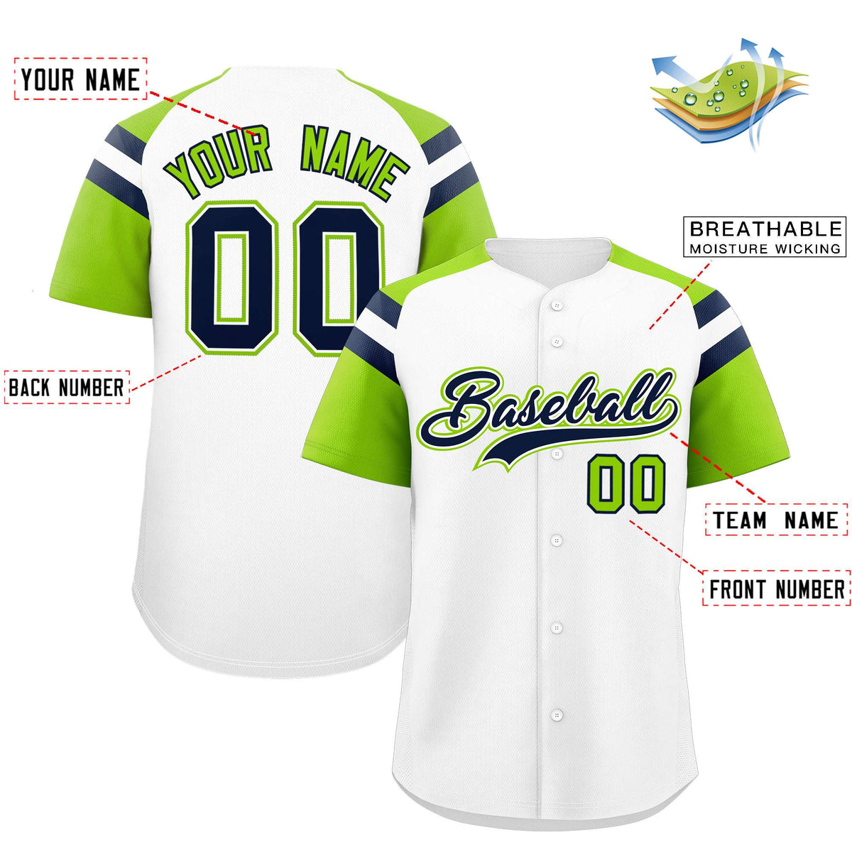 Custom White Neon Green Contrast Raglan Sleeves Authentic Baseball Jersey