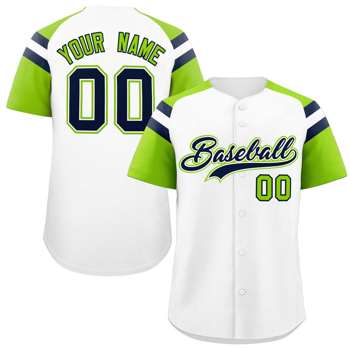 Custom White Neon Green Contrast Raglan Sleeves Authentic Baseball Jersey