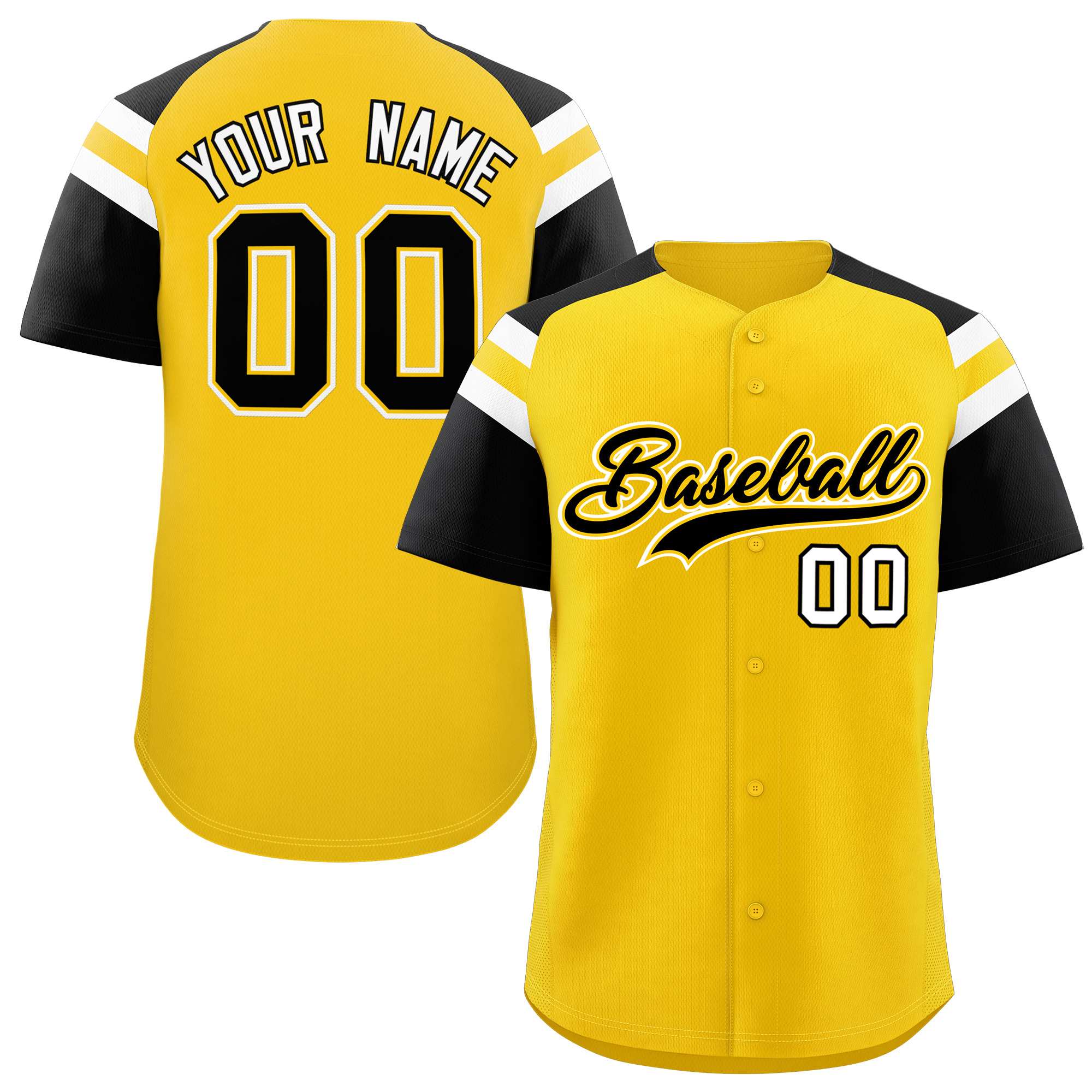 Custom Gold Black Contrast Raglan Sleeves Authentic Baseball Jersey