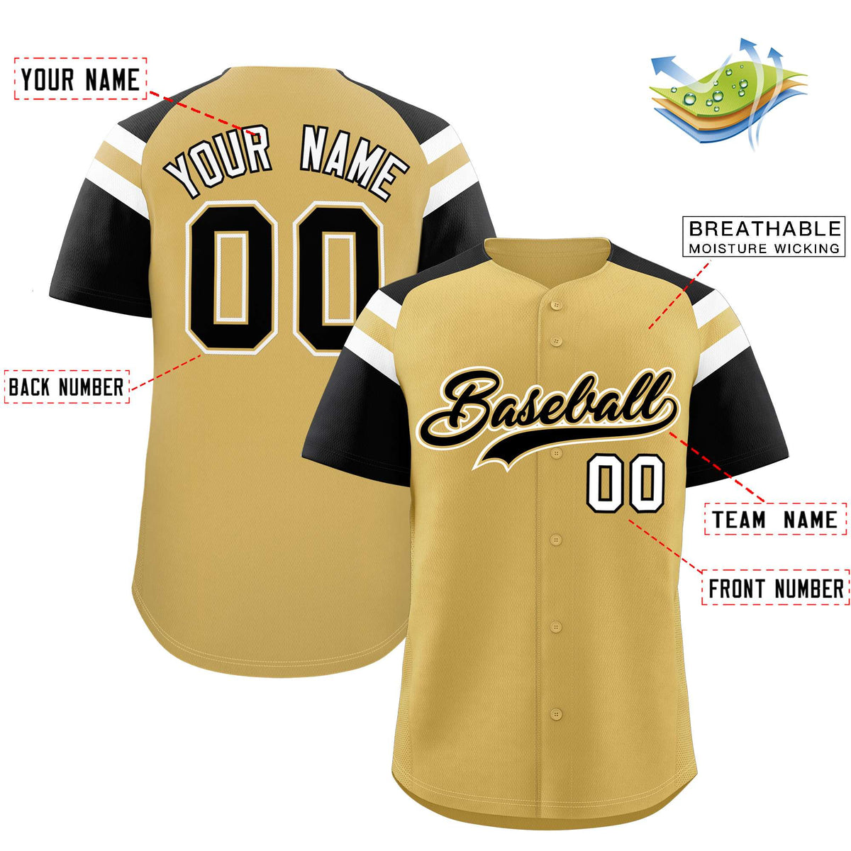 Custom Old Gold Black Contrast Raglan Sleeves Authentic Baseball Jersey