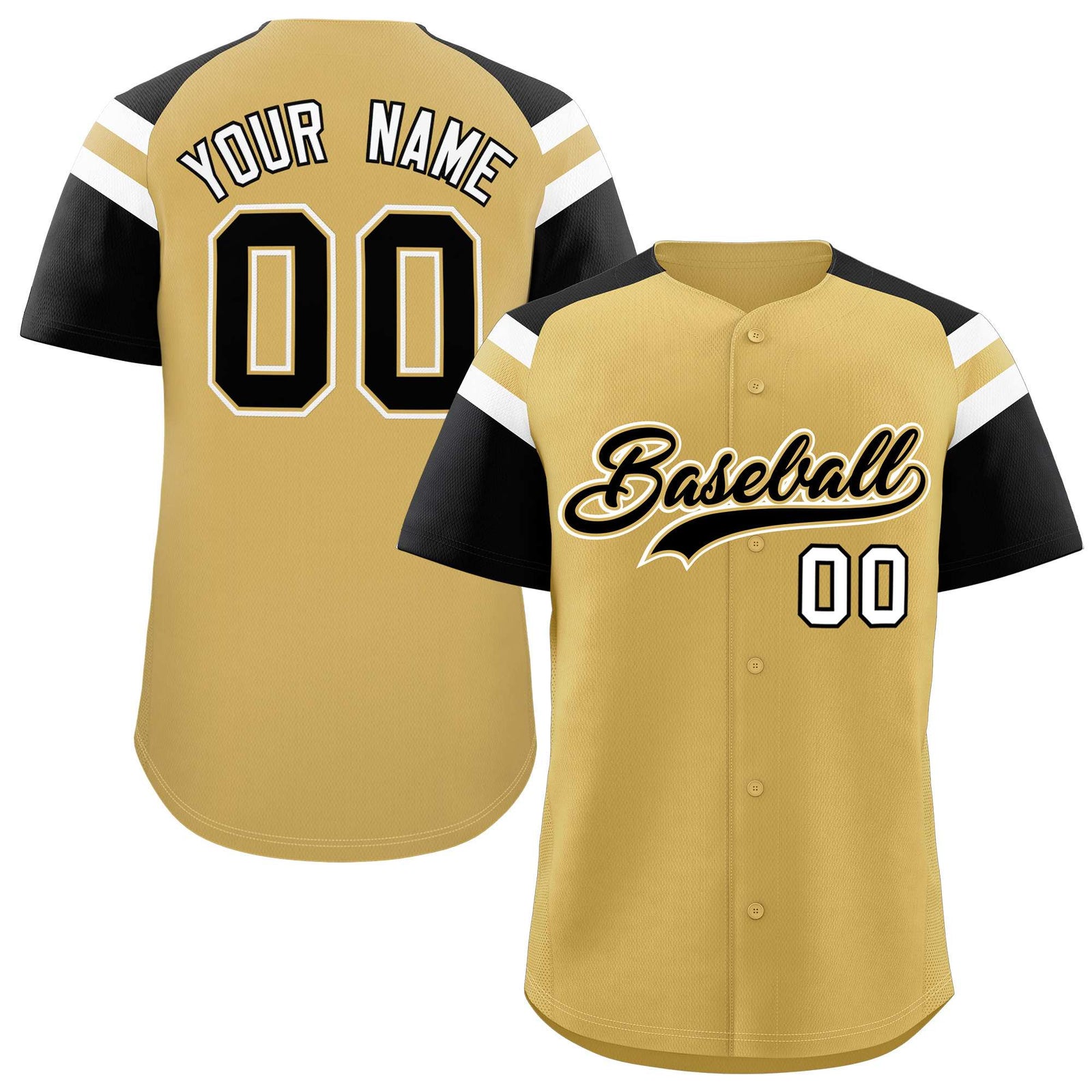 Custom Old Gold Black Contrast Raglan Sleeves Authentic Baseball Jersey