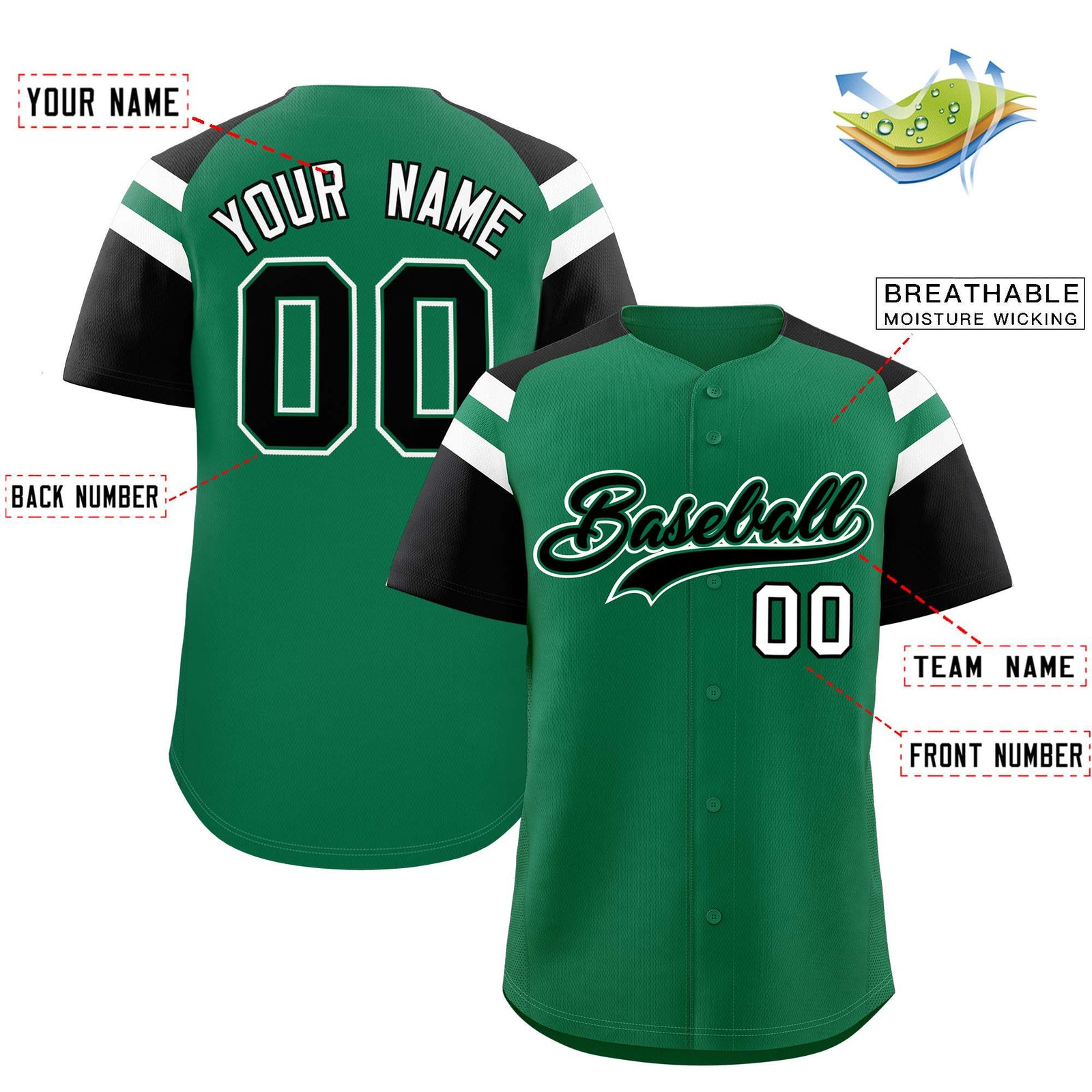 Custom Kelly Green Black Contrast Raglan Sleeves Authentic Baseball Jersey