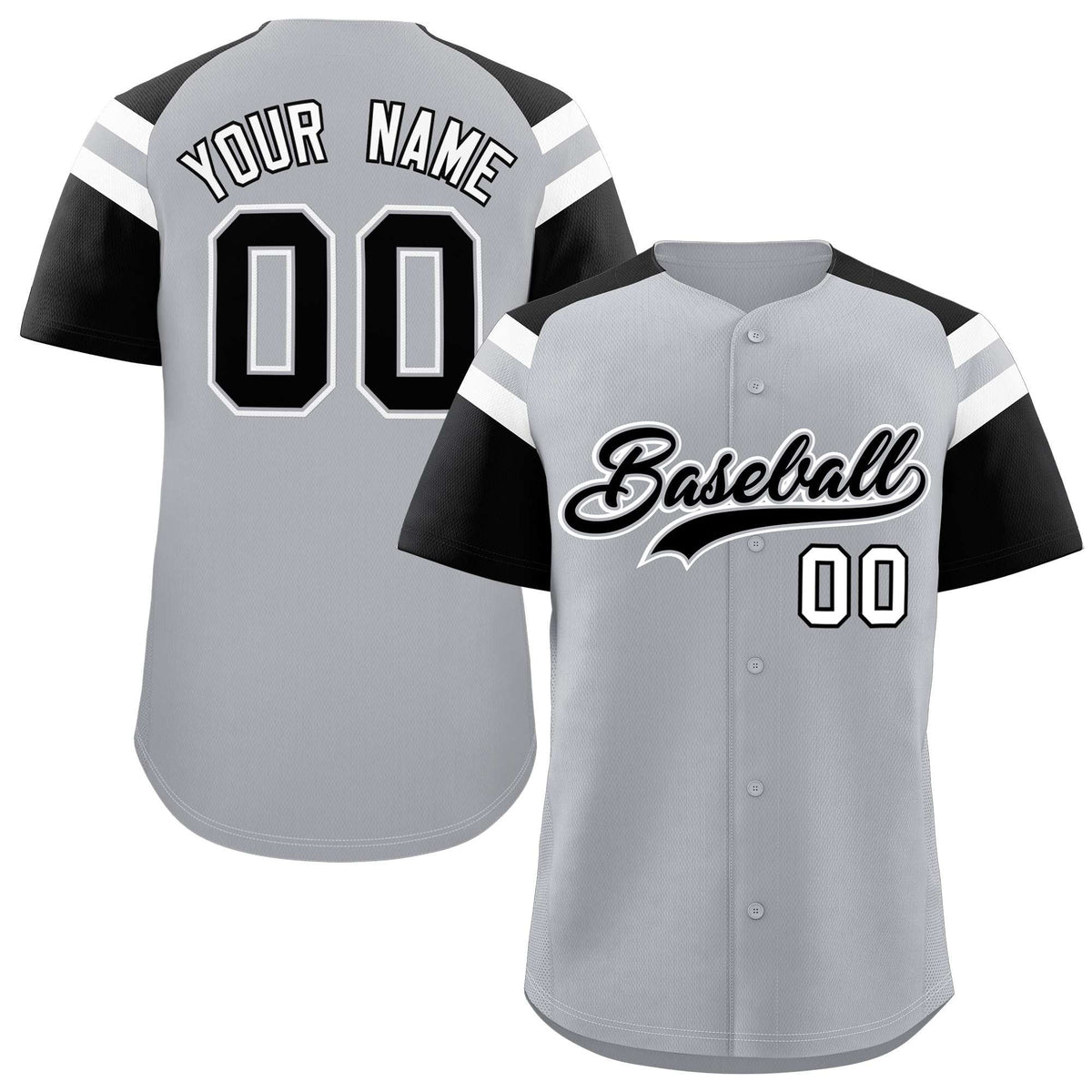 Custom Silver Black Contrast Raglan Sleeves Authentic Baseball Jersey