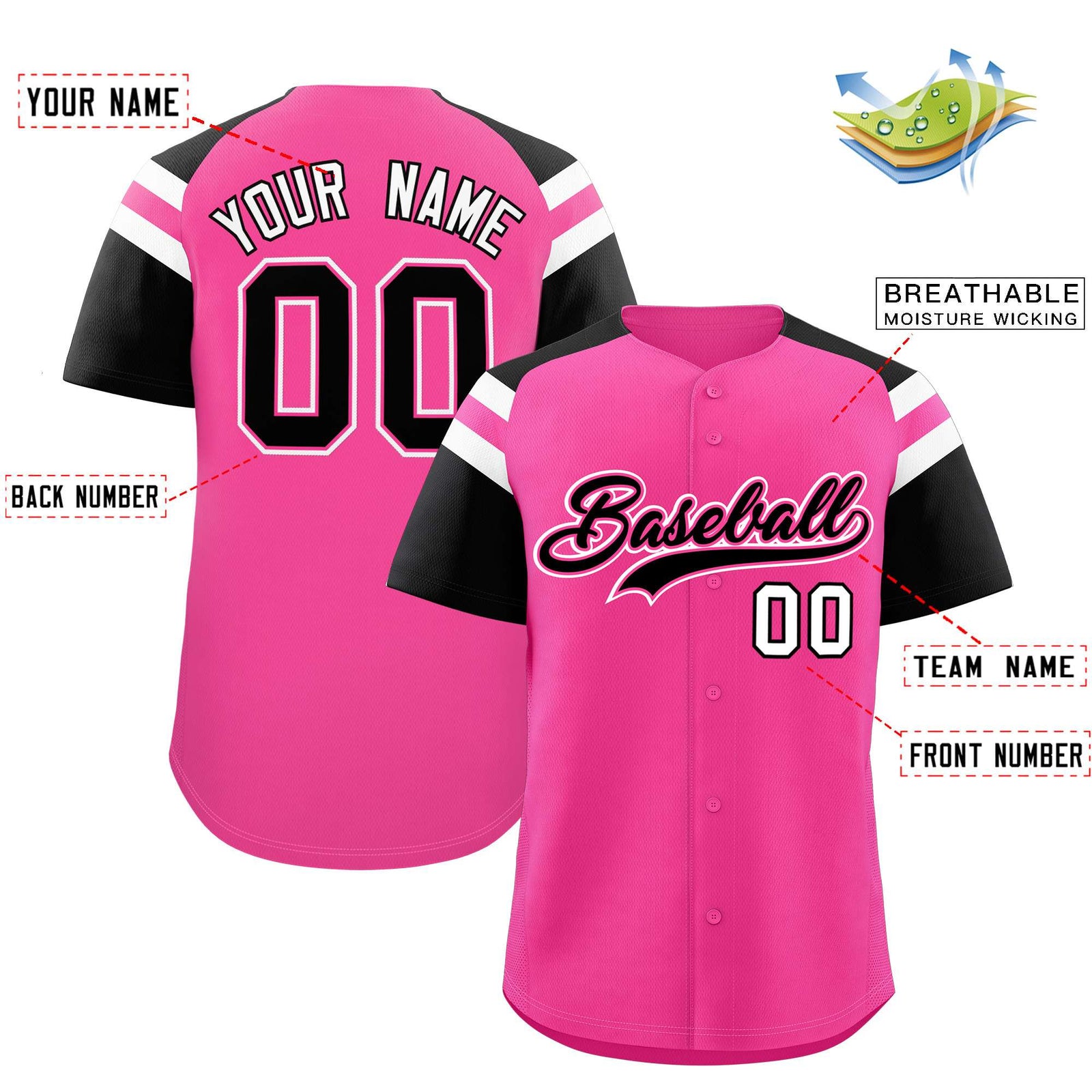 Custom Pink Black Contrast Raglan Sleeves Authentic Baseball Jersey