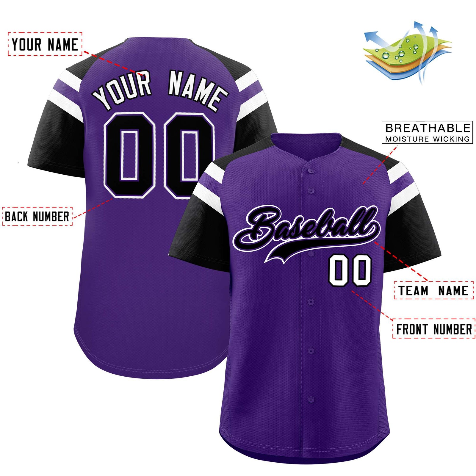 Custom Purple Black Contrast Raglan Sleeves Authentic Baseball Jersey