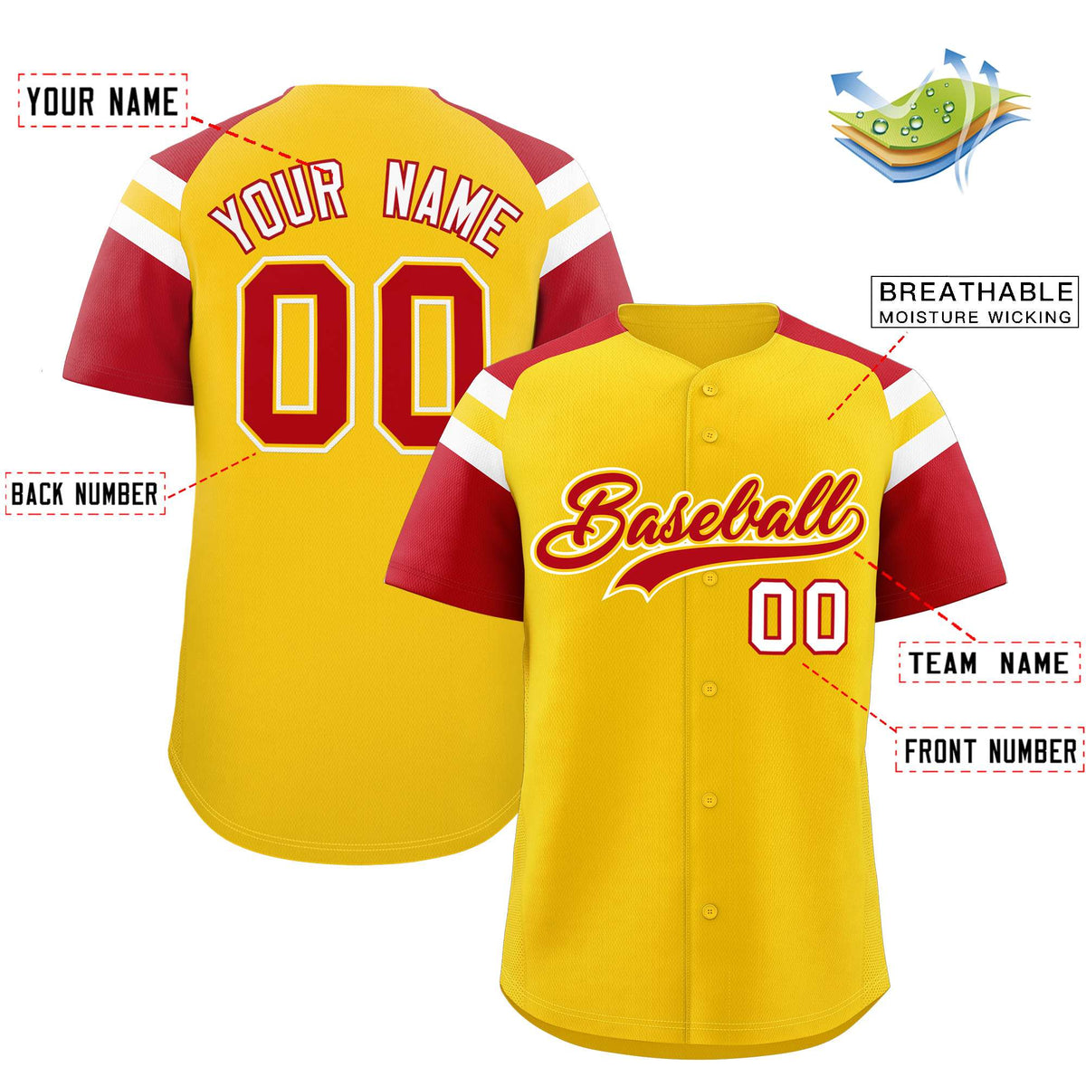 Custom Gold Red Contrast Raglan Sleeves Authentic Baseball Jersey