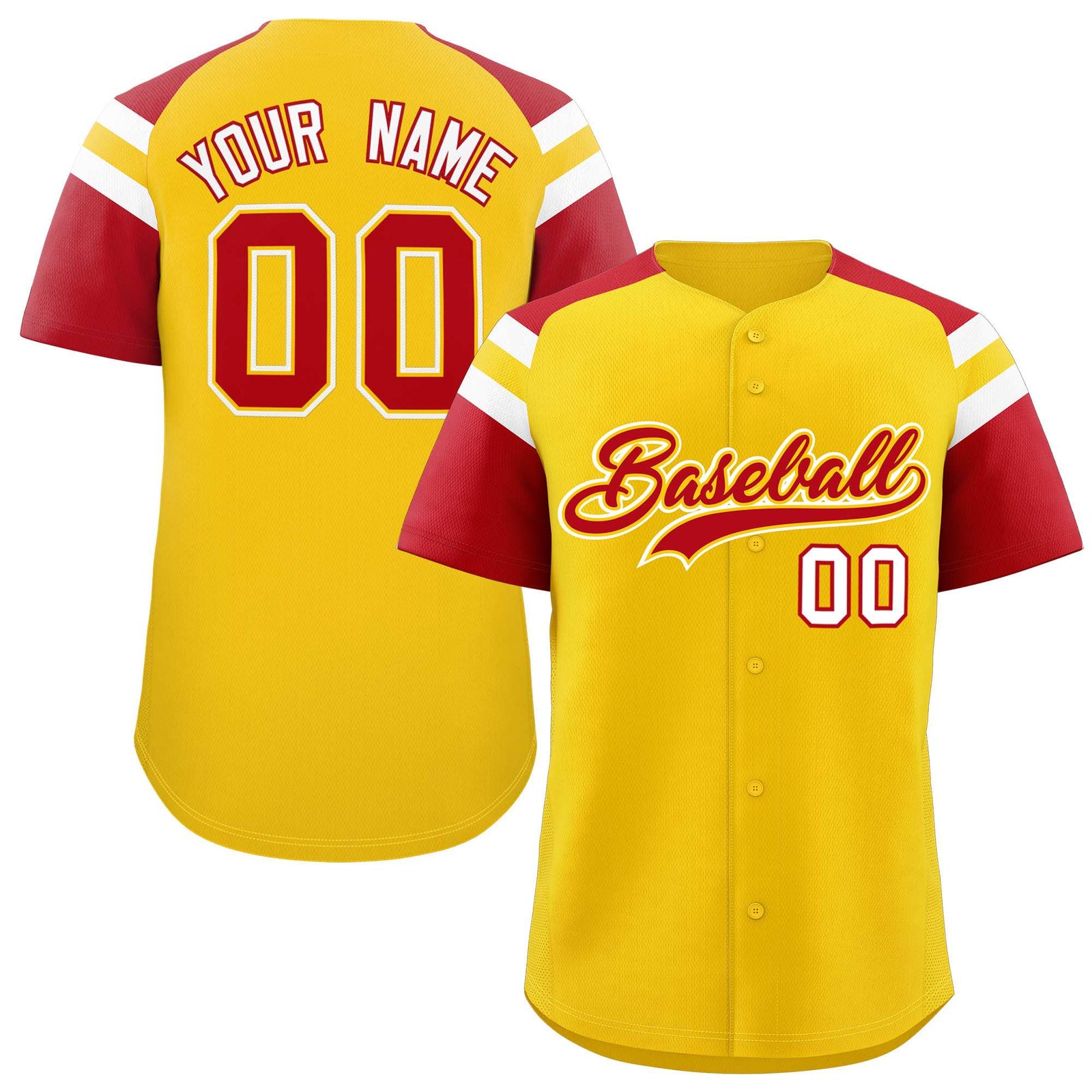 Custom Gold Red Contrast Raglan Sleeves Authentic Baseball Jersey