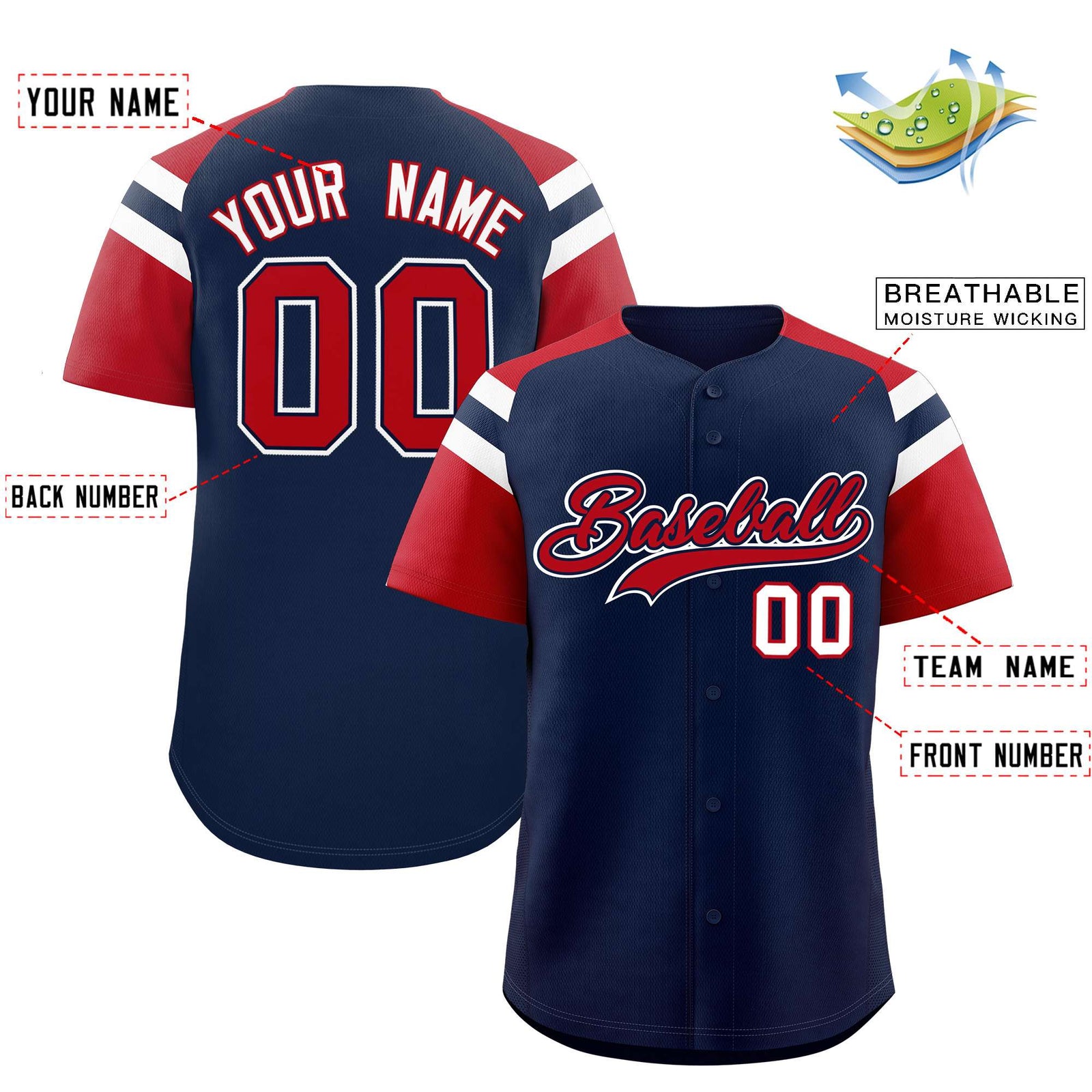 Custom Navy Red Contrast Raglan Sleeves Authentic Baseball Jersey