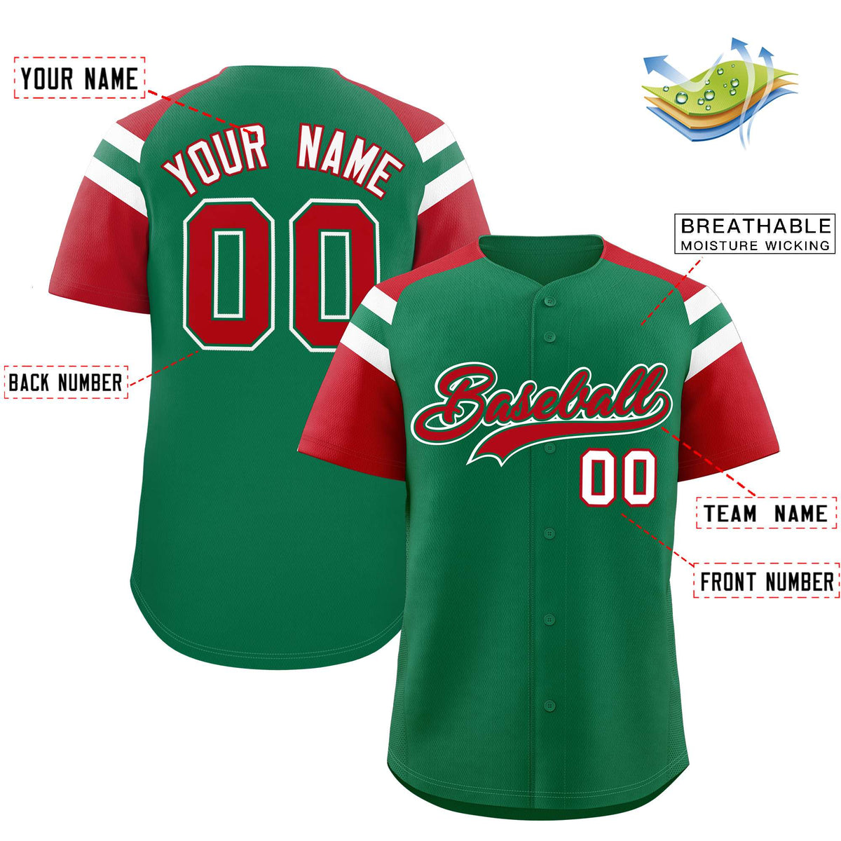Custom Kelly Green Red Contrast Raglan Sleeves Authentic Baseball Jersey