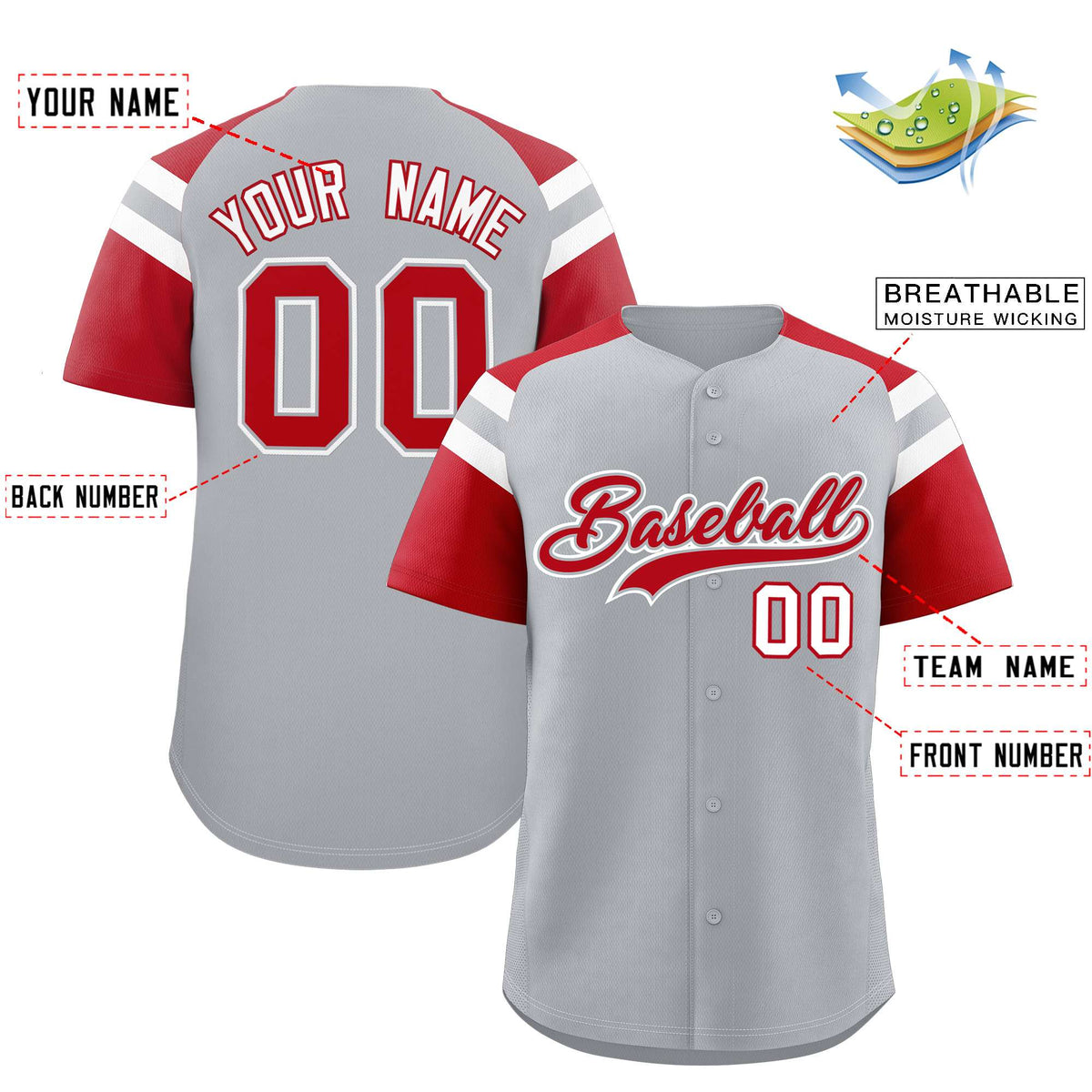 Custom Silver Red Contrast Raglan Sleeves Authentic Baseball Jersey
