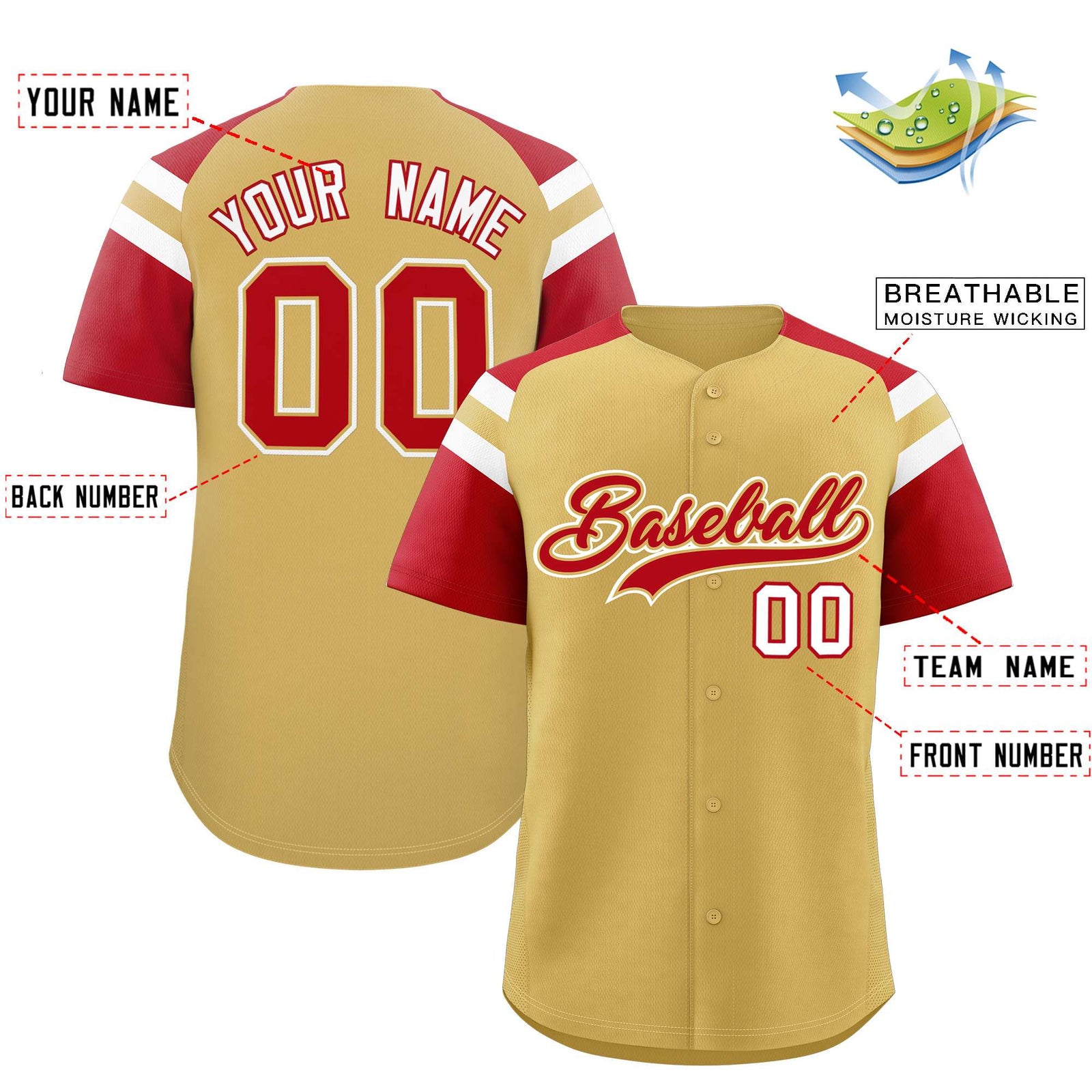 Custom Old Gold Red Contrast Raglan Sleeves Authentic Baseball Jersey