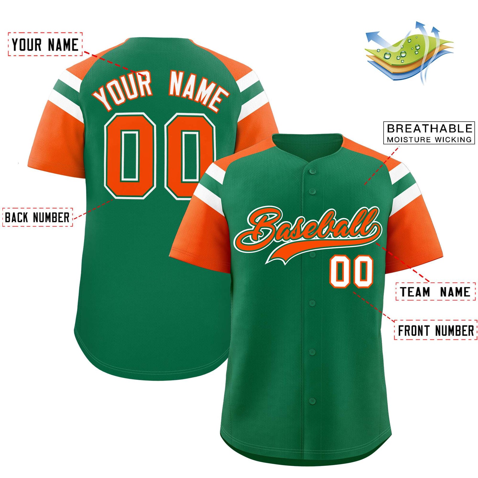 Custom Kelly Green Orange Contrast Raglan Sleeves Authentic Baseball Jersey