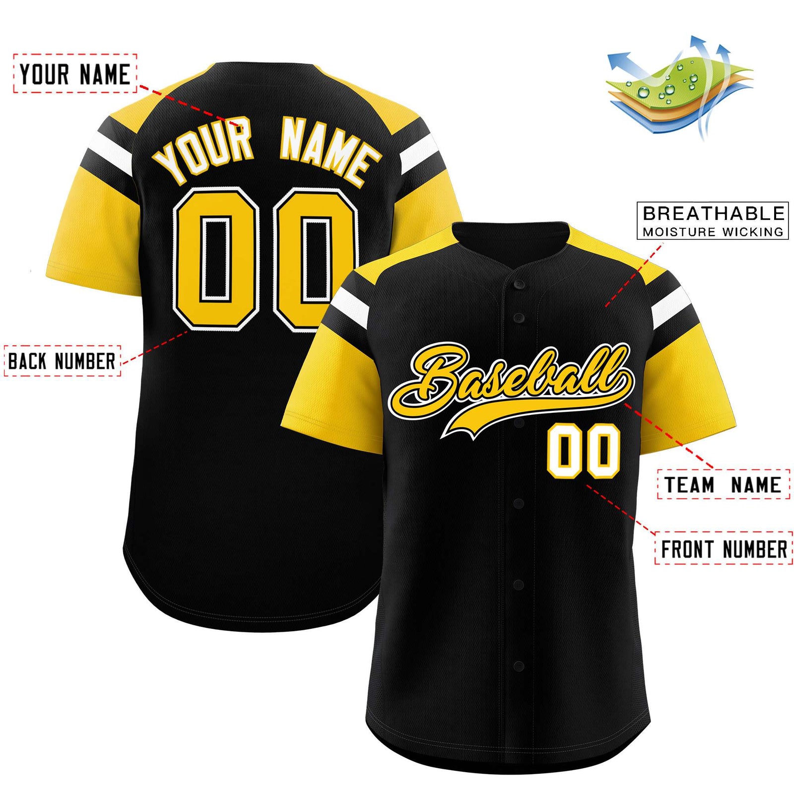 Custom Black Gold Contrast Raglan Sleeves Authentic Baseball Jersey