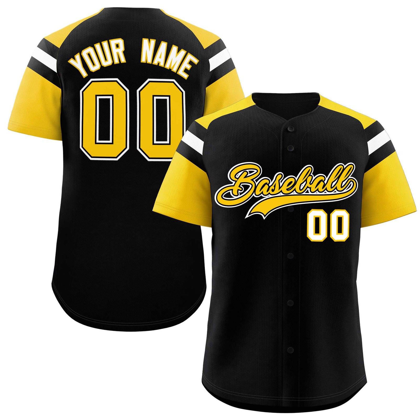 Custom Black Gold Contrast Raglan Sleeves Authentic Baseball Jersey