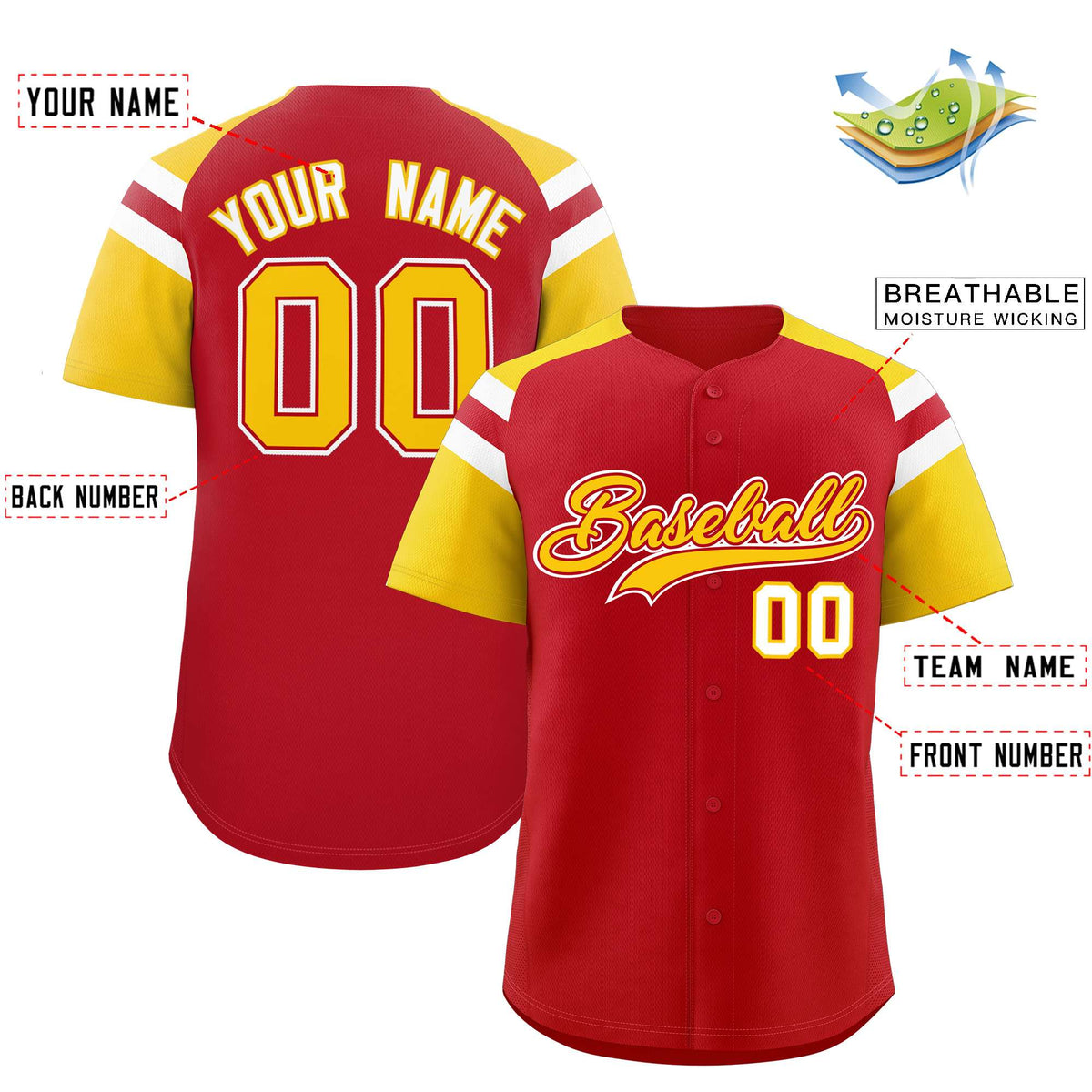 Custom Red Gold Contrast Raglan Sleeves Authentic Baseball Jersey