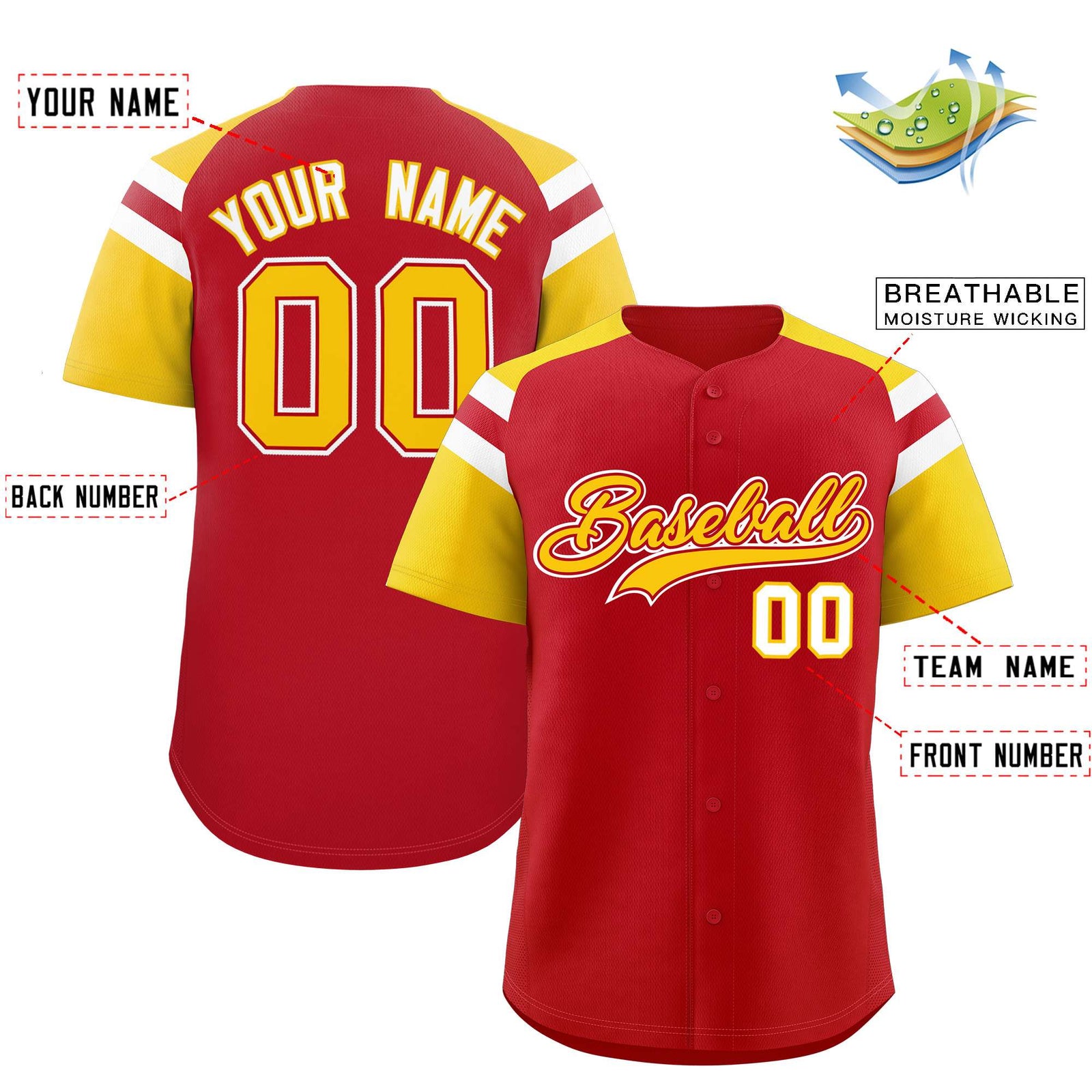 Custom Red Gold Contrast Raglan Sleeves Authentic Baseball Jersey