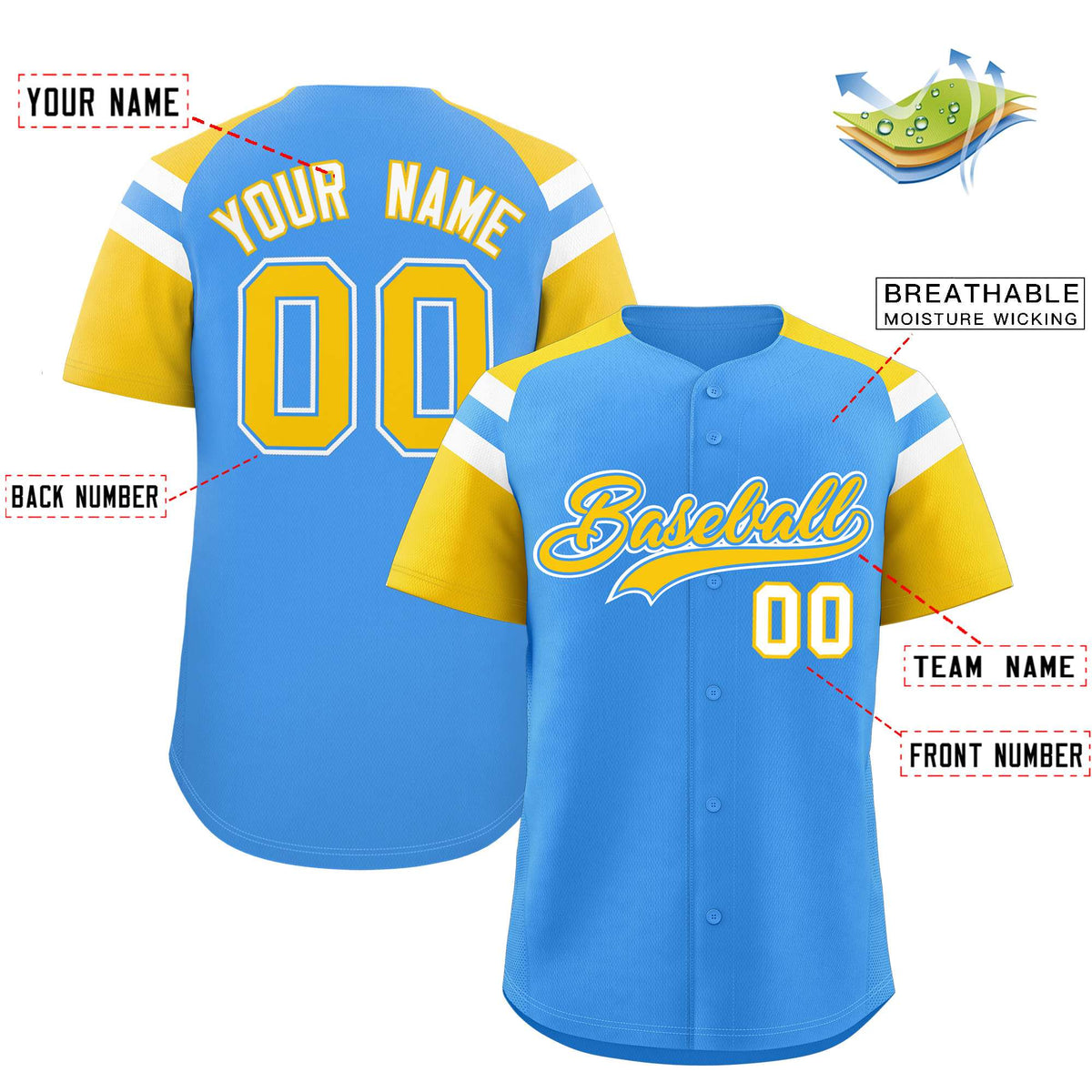 Custom Powder Blue Gold Contrast Raglan Sleeves Authentic Baseball Jersey