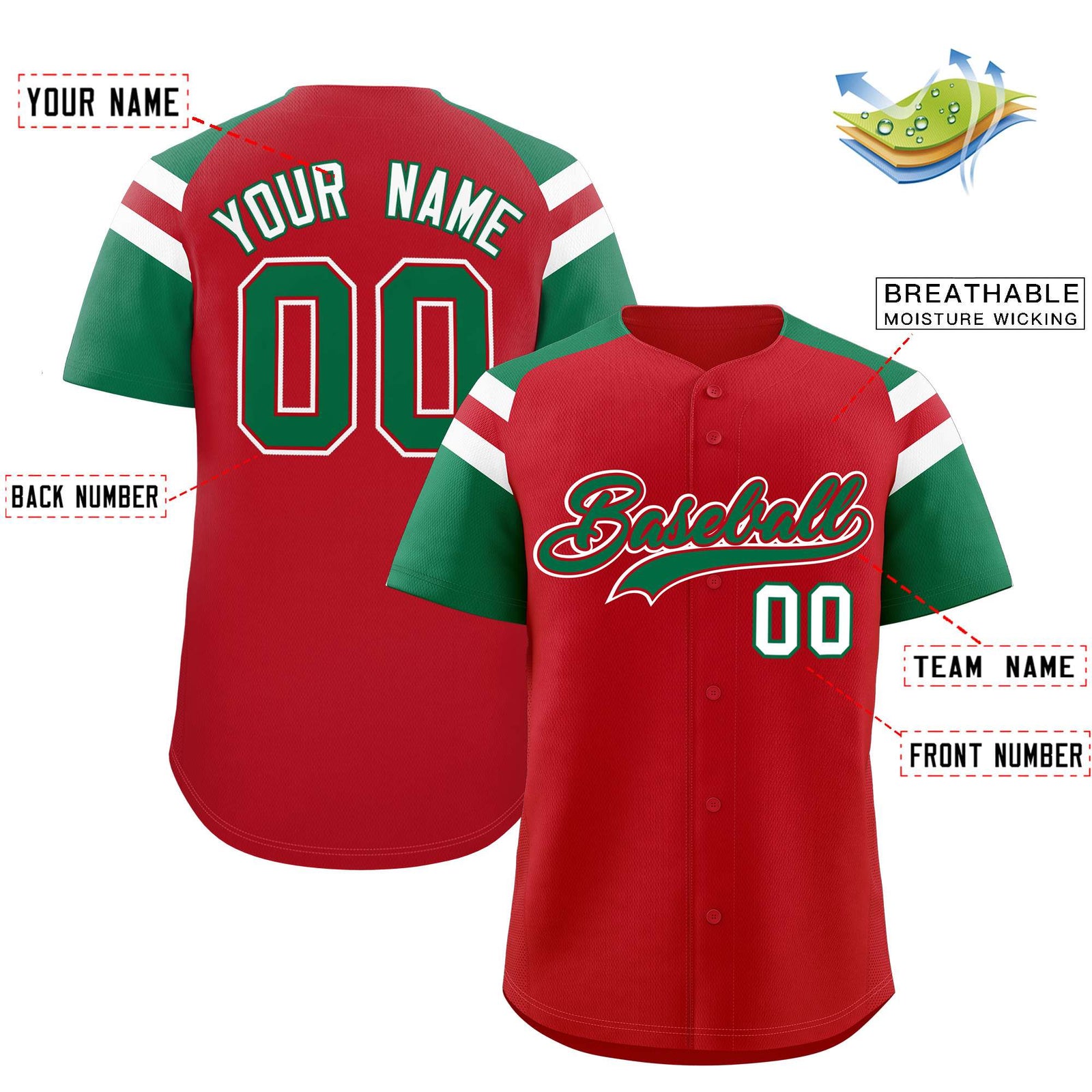 Custom Red Kelly Green Contrast Raglan Sleeves Authentic Baseball Jersey