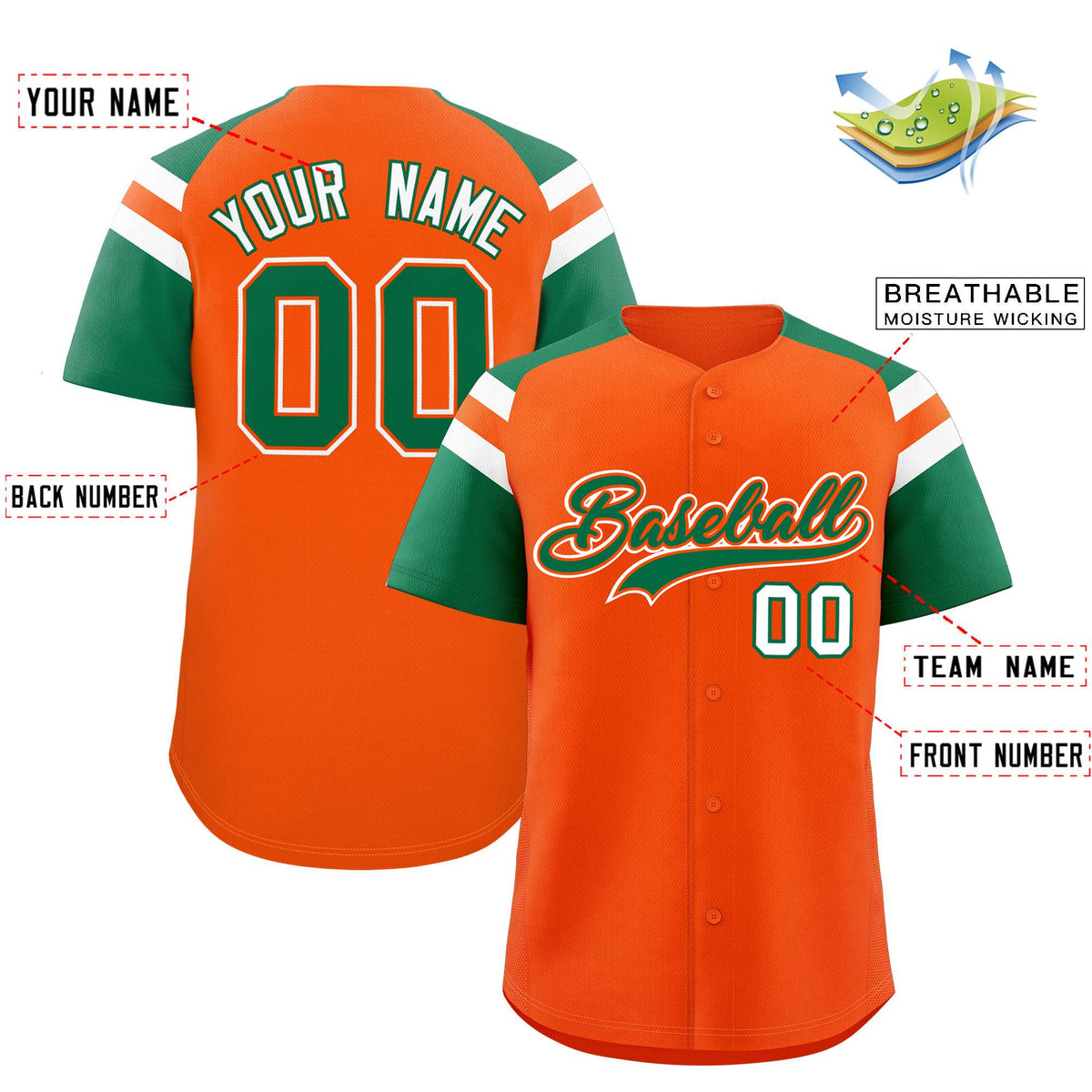 Custom Orange Kelly Green Contrast Raglan Sleeves Authentic Baseball Jersey