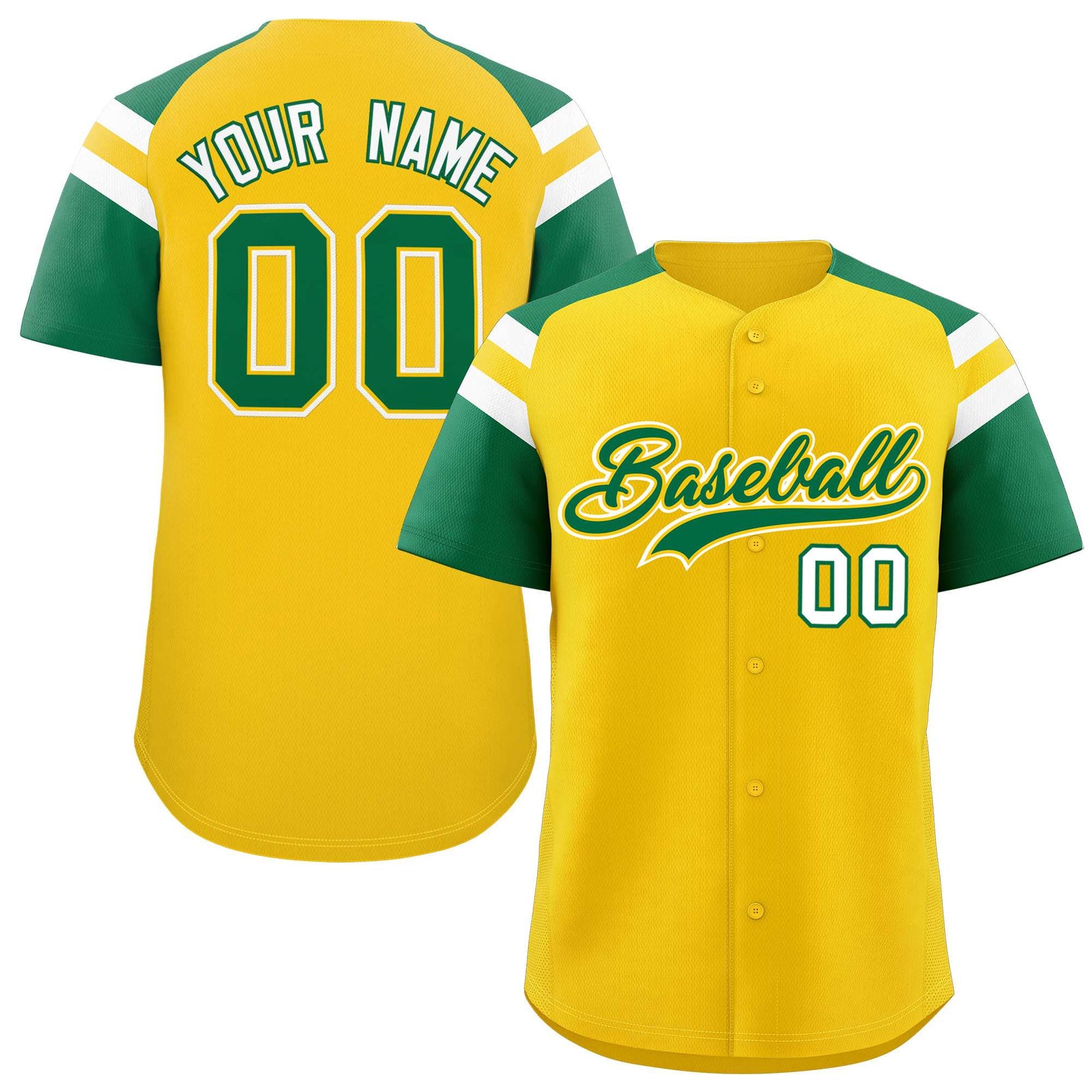 Custom Gold Kelly Green Contrast Raglan Sleeves Authentic Baseball Jersey