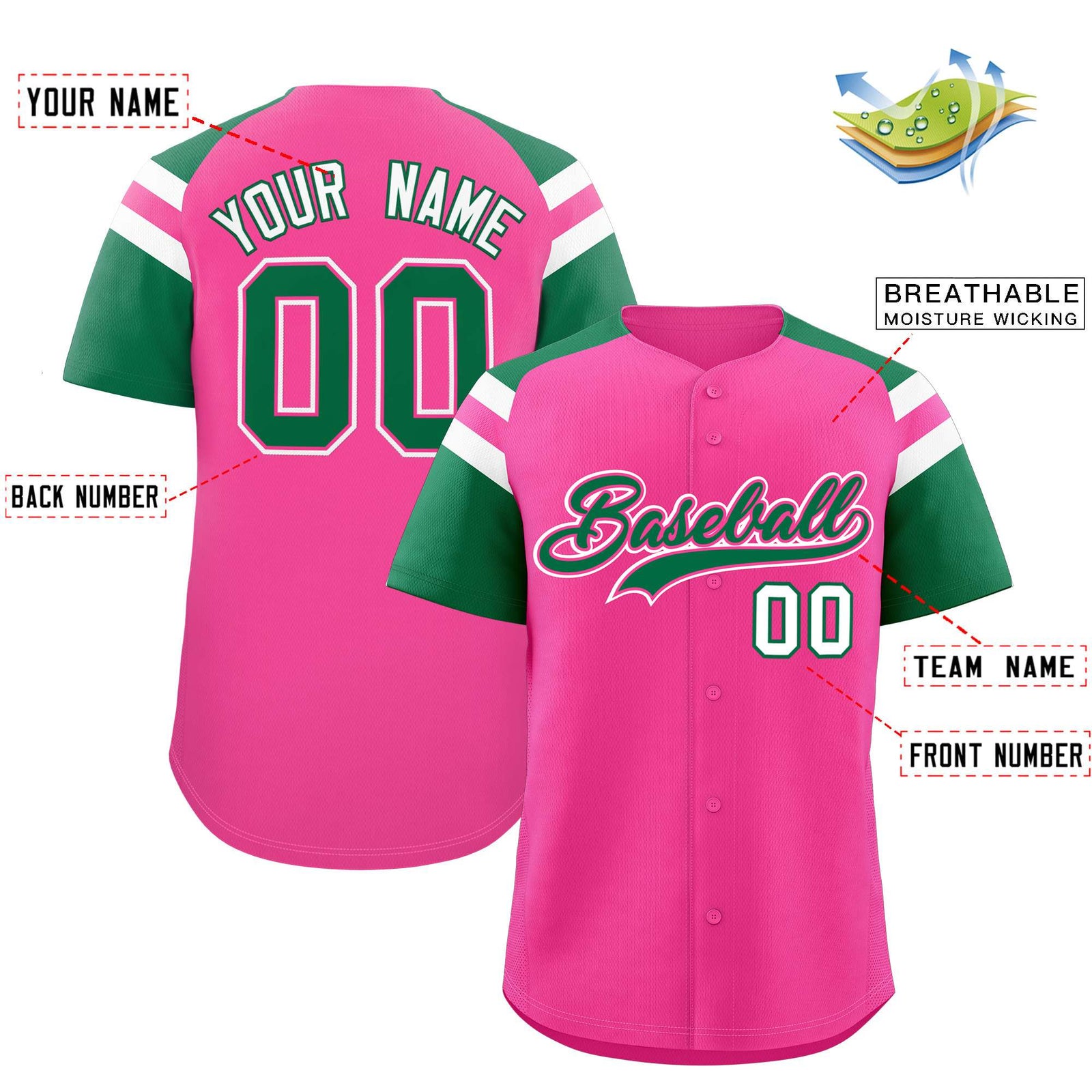 Custom Pink Kelly Green Contrast Raglan Sleeves Authentic Baseball Jersey