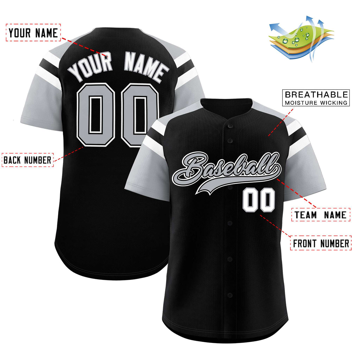 Custom Black Silver Contrast Raglan Sleeves Authentic Baseball Jersey