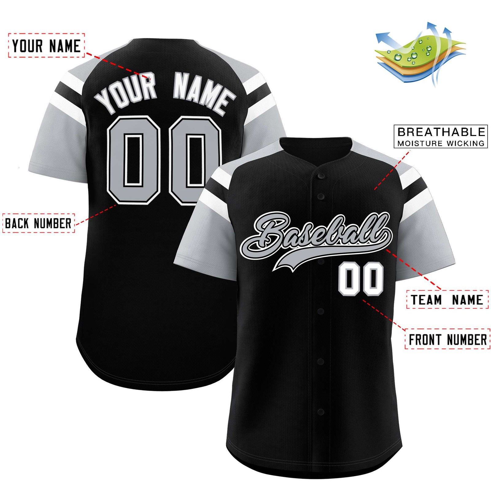 Custom Black Silver Contrast Raglan Sleeves Authentic Baseball Jersey