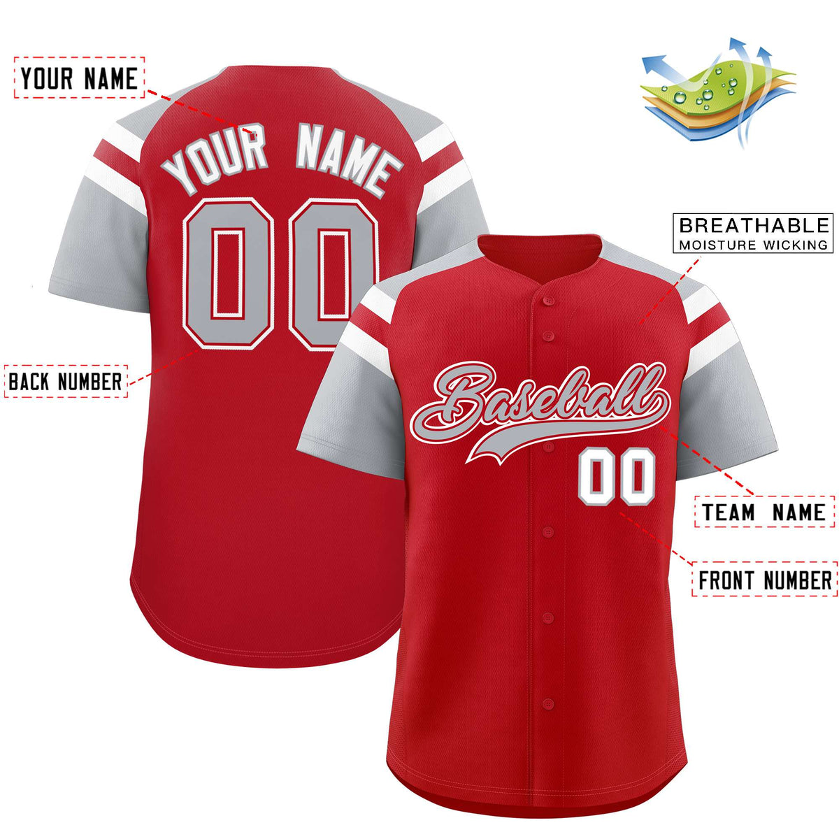 Custom Red Silver Contrast Raglan Sleeves Authentic Baseball Jersey