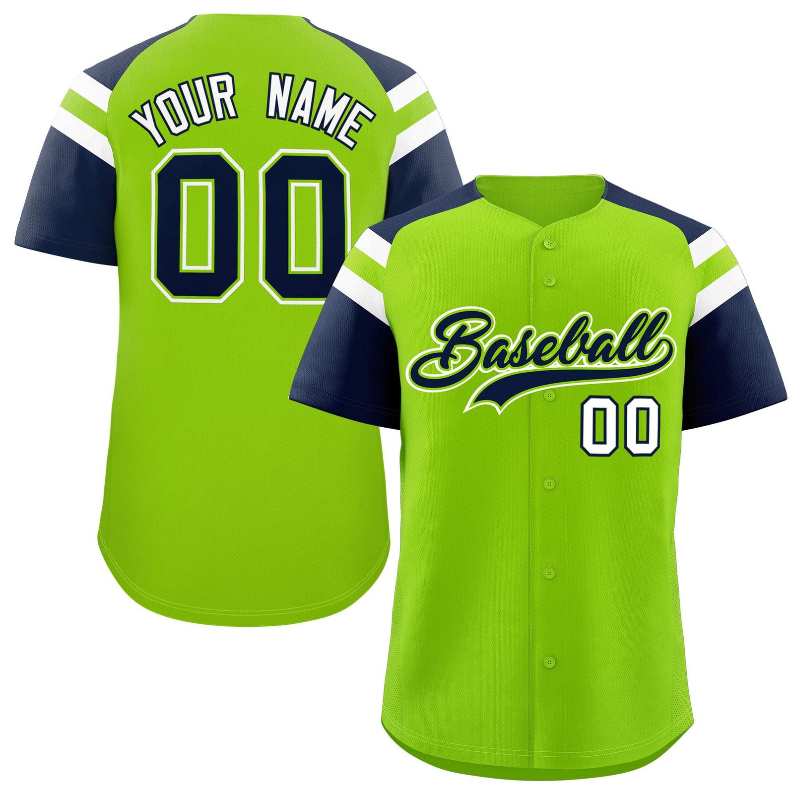 Custom Neon Green Navy Contrast Raglan Sleeves Authentic Baseball Jersey
