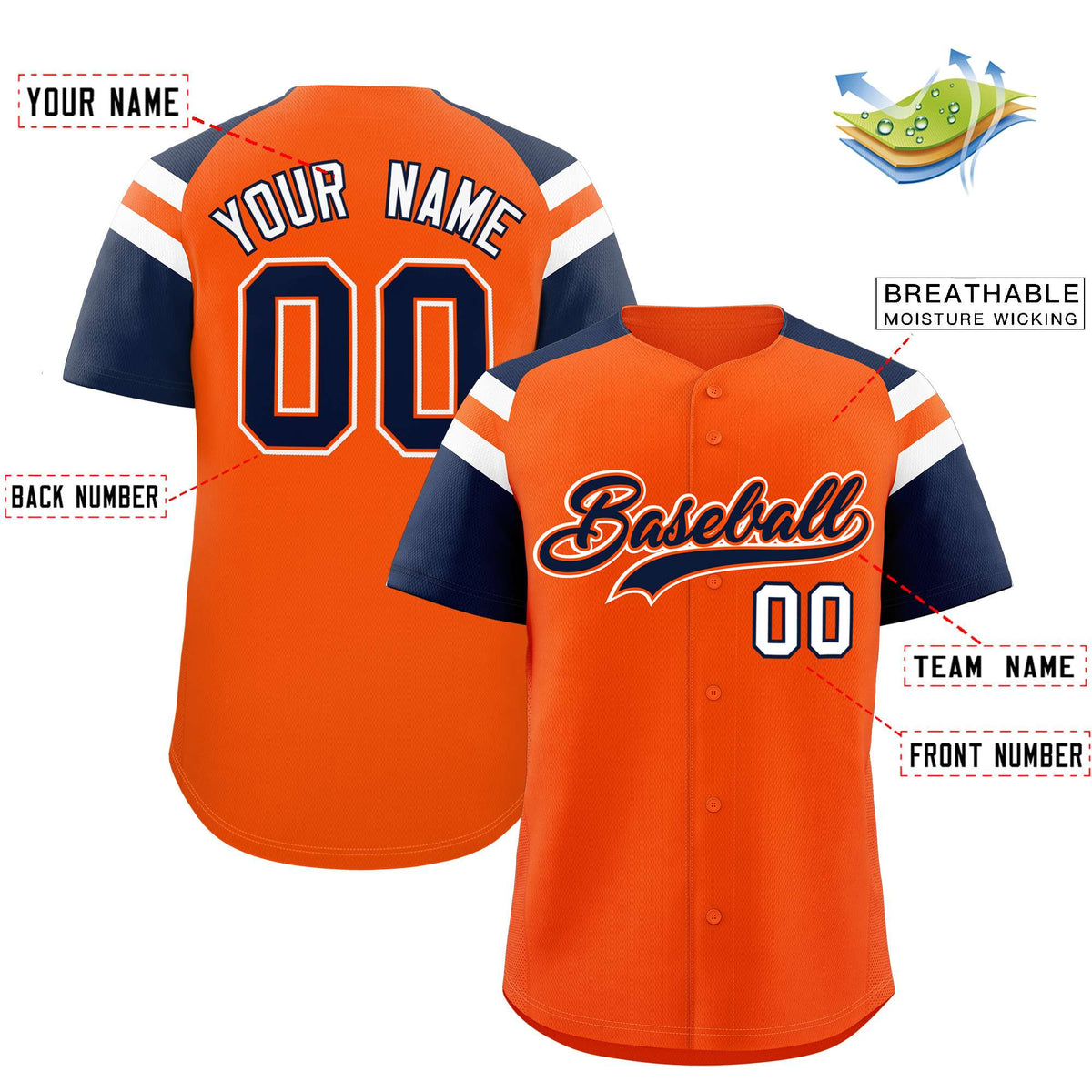 Custom Orange Navy Contrast Raglan Sleeves Authentic Baseball Jersey