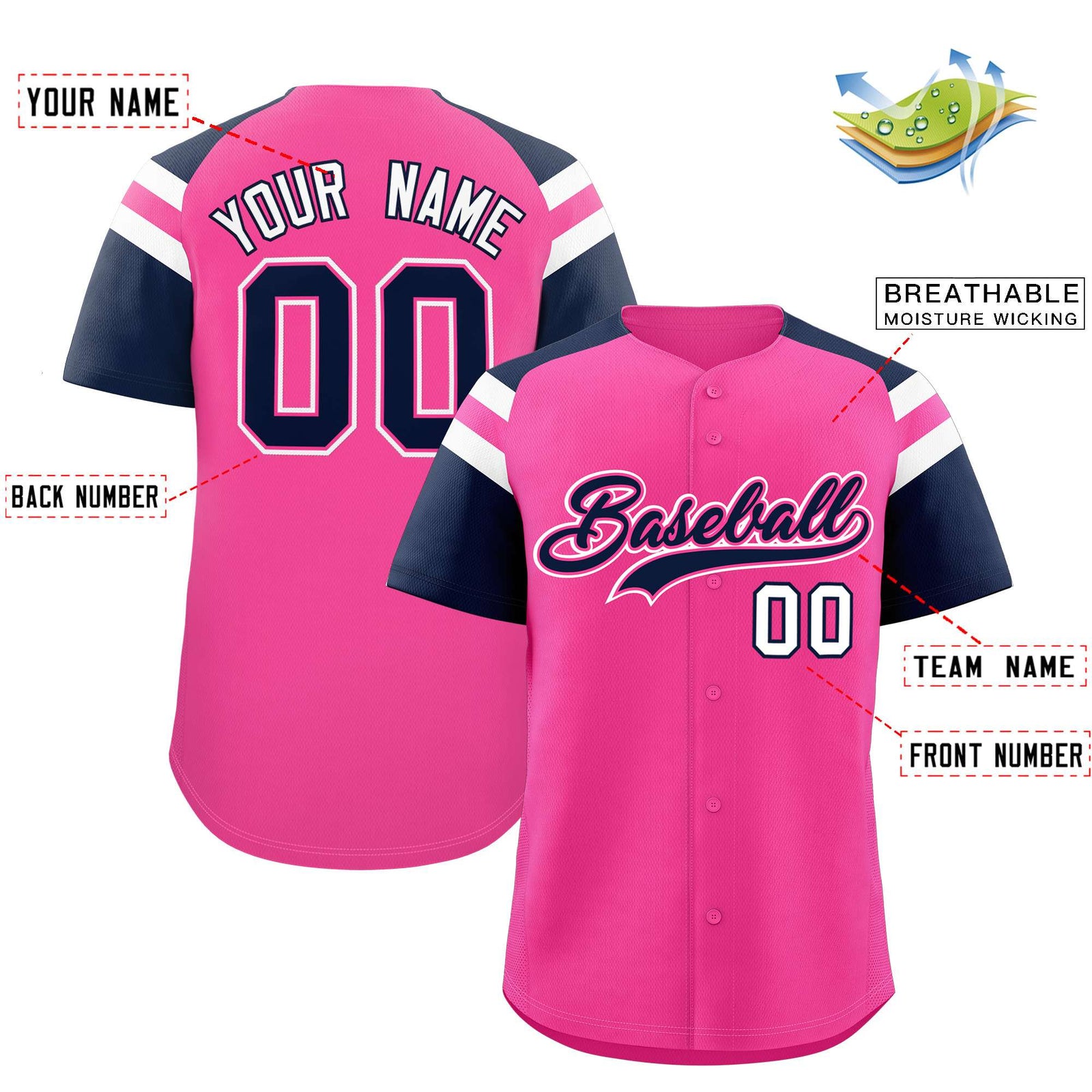 Custom Pink Navy Contrast Raglan Sleeves Authentic Baseball Jersey
