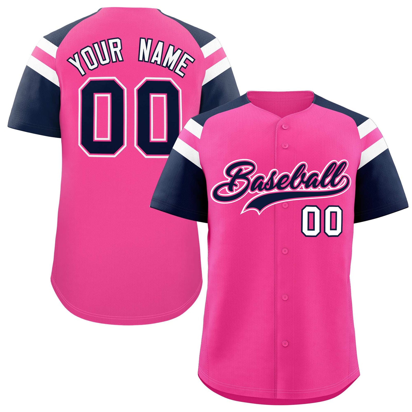 Custom Pink Navy Contrast Raglan Sleeves Authentic Baseball Jersey
