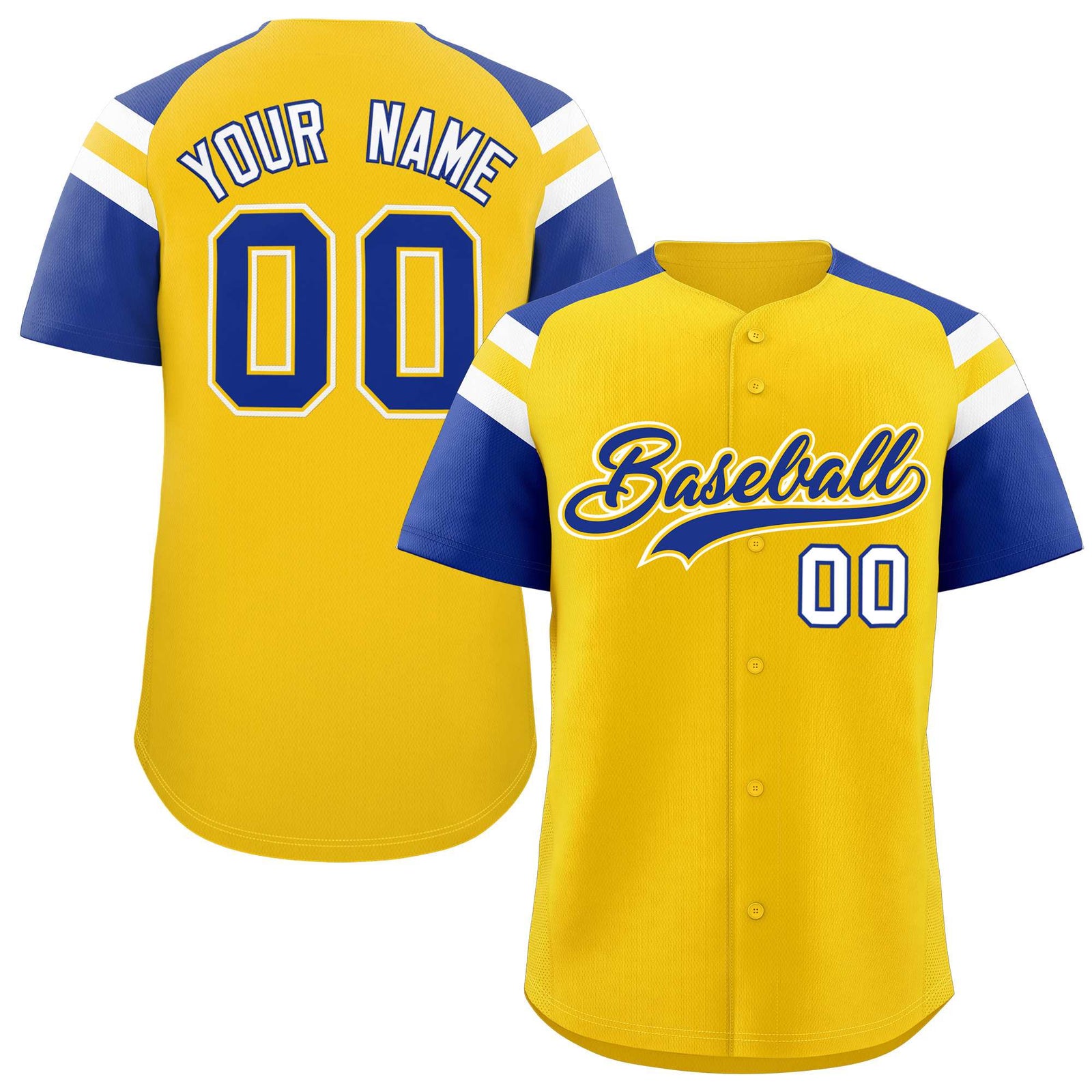 Custom Gold Royal Contrast Raglan Sleeves Authentic Baseball Jersey